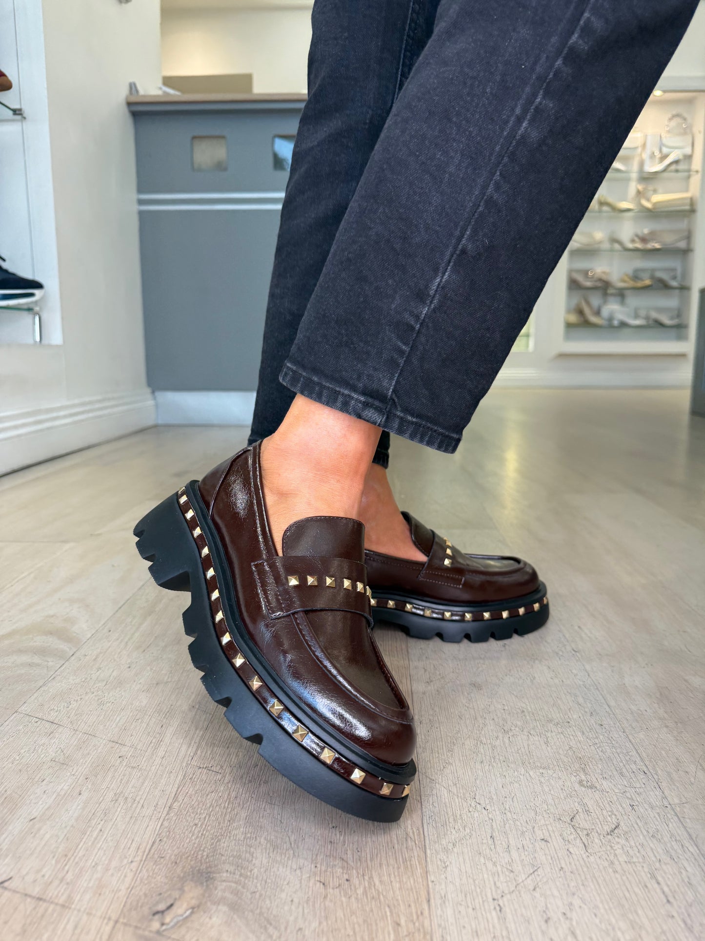 Lodi - Rich Brown Nappa Leather Chunky Sole Loafer With Gold Stud Trim Detail