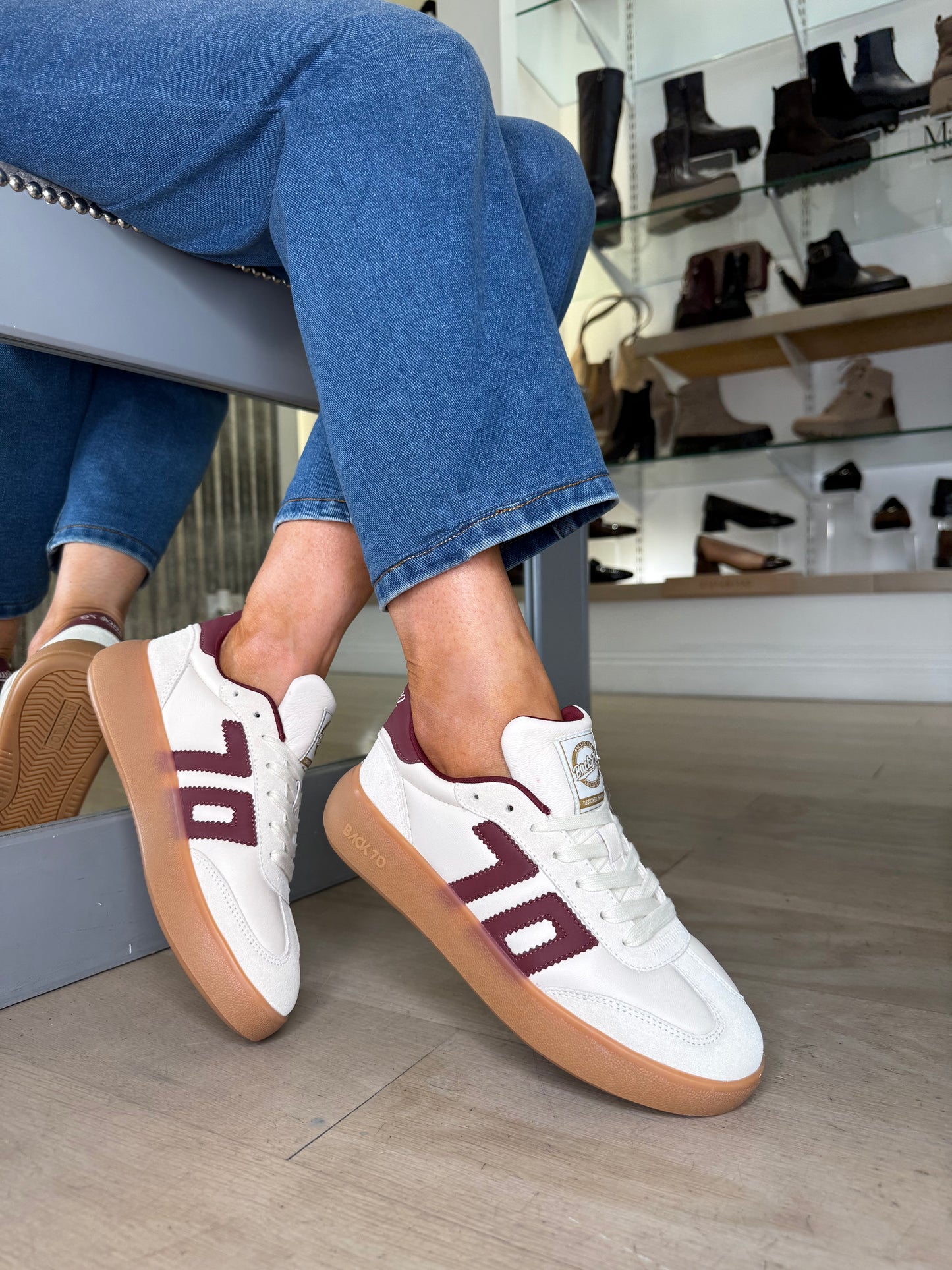 Back 70 - Cream Leather & Suede Mix Trainer With Wine Trim
