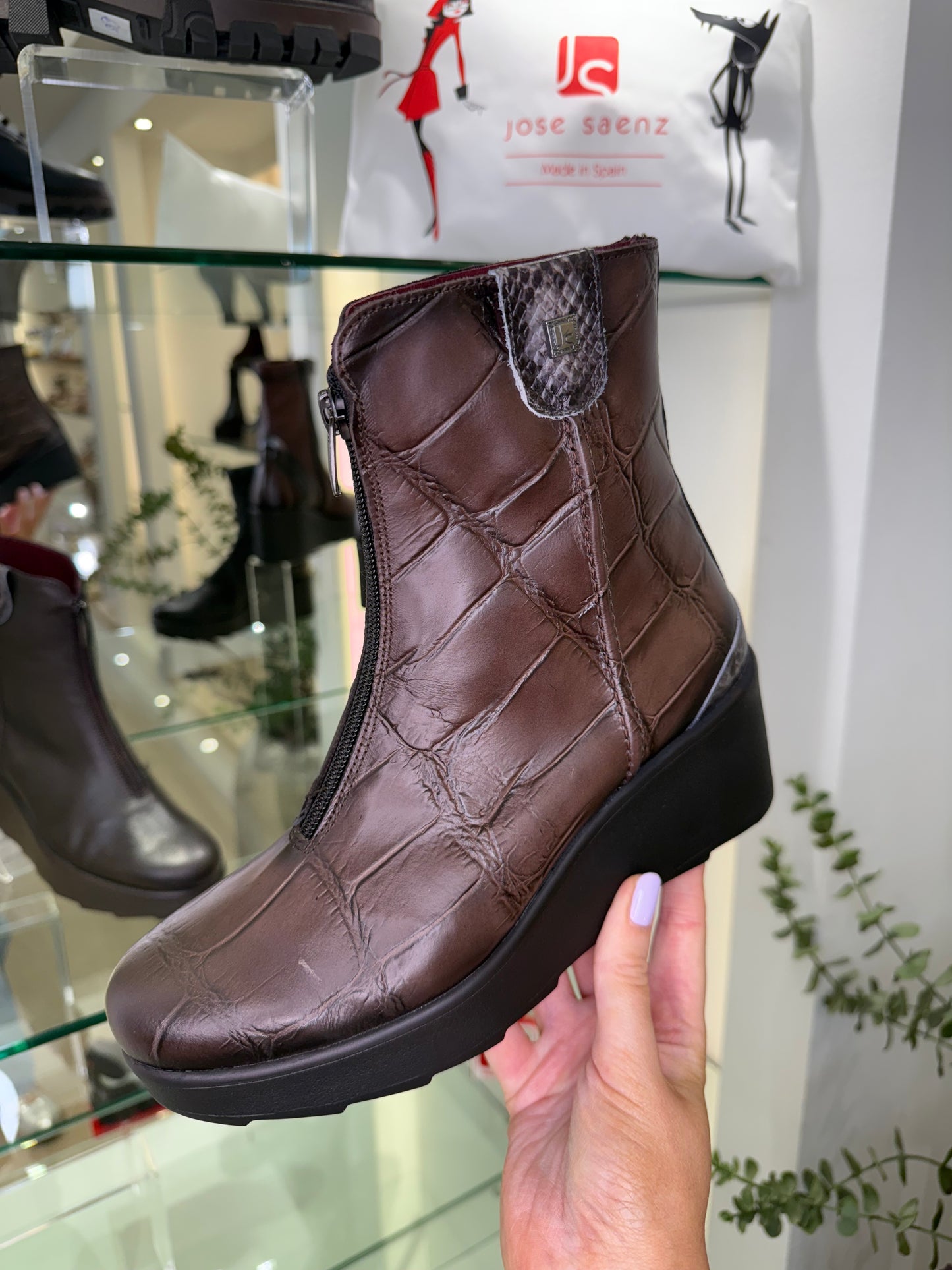 Jose Saenz -Rich Croc Brown Print Leather Wedge Boot With Snake Print Trim