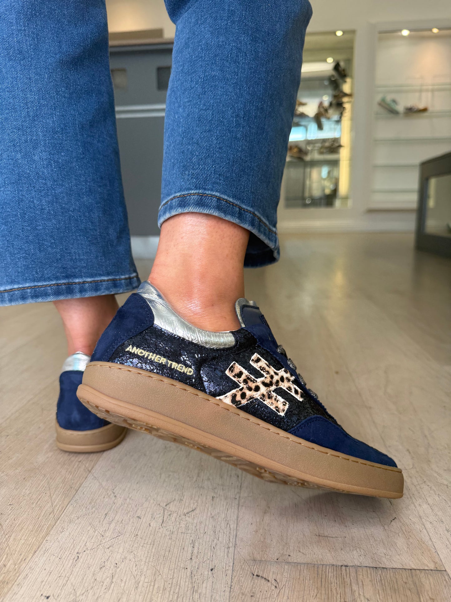 Another Trend -Multi Suede Navy Mix Trainer With Leopard Print & Metallic Silver Trim