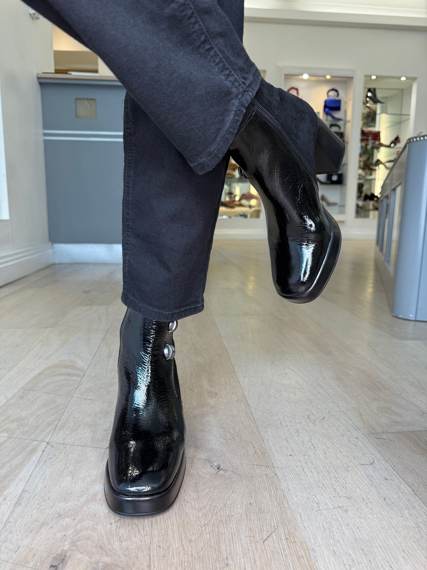 Hispanitas - Black Flexy Patent/ Stretch Suede Block Heel Boot