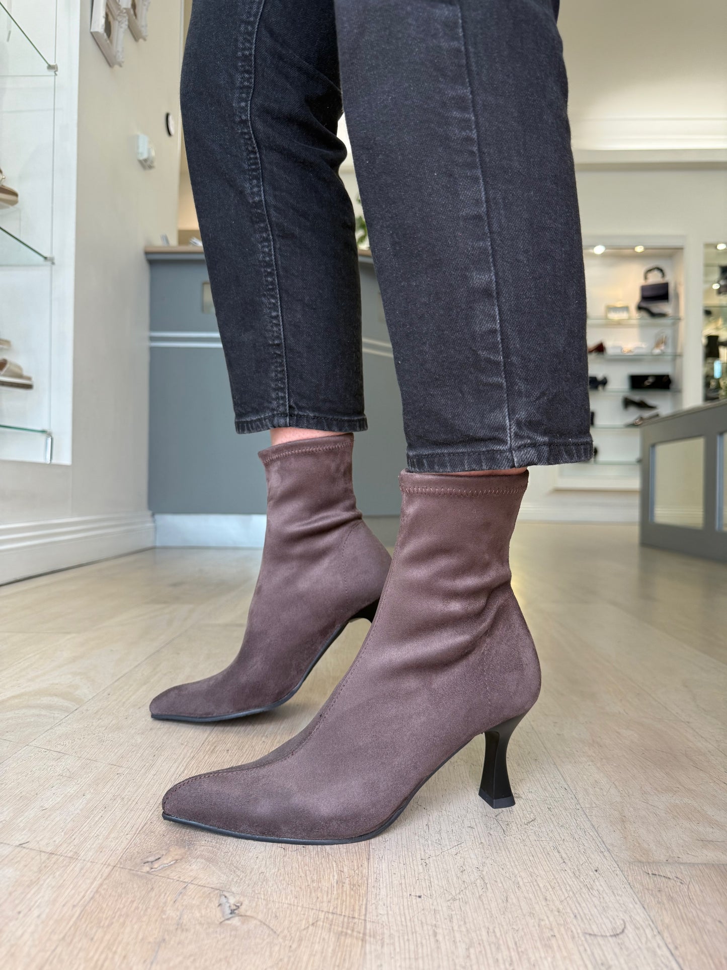 Miss Elastic - Soft Mocha Suede Short Sock Boot