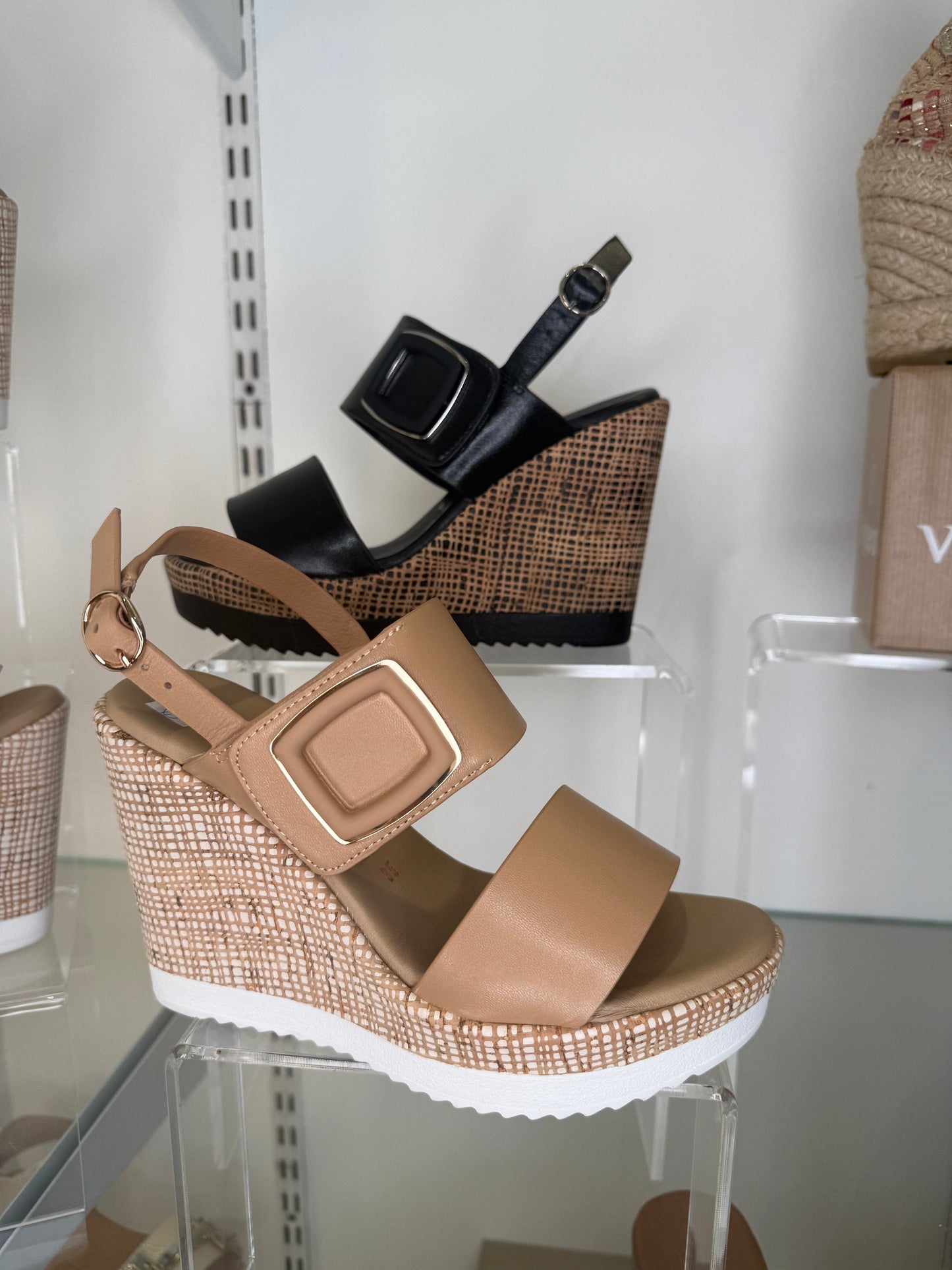 Repo - Camel Leather 2 Strap High Wedge Sandal With Velcro Strap & Platform Sole