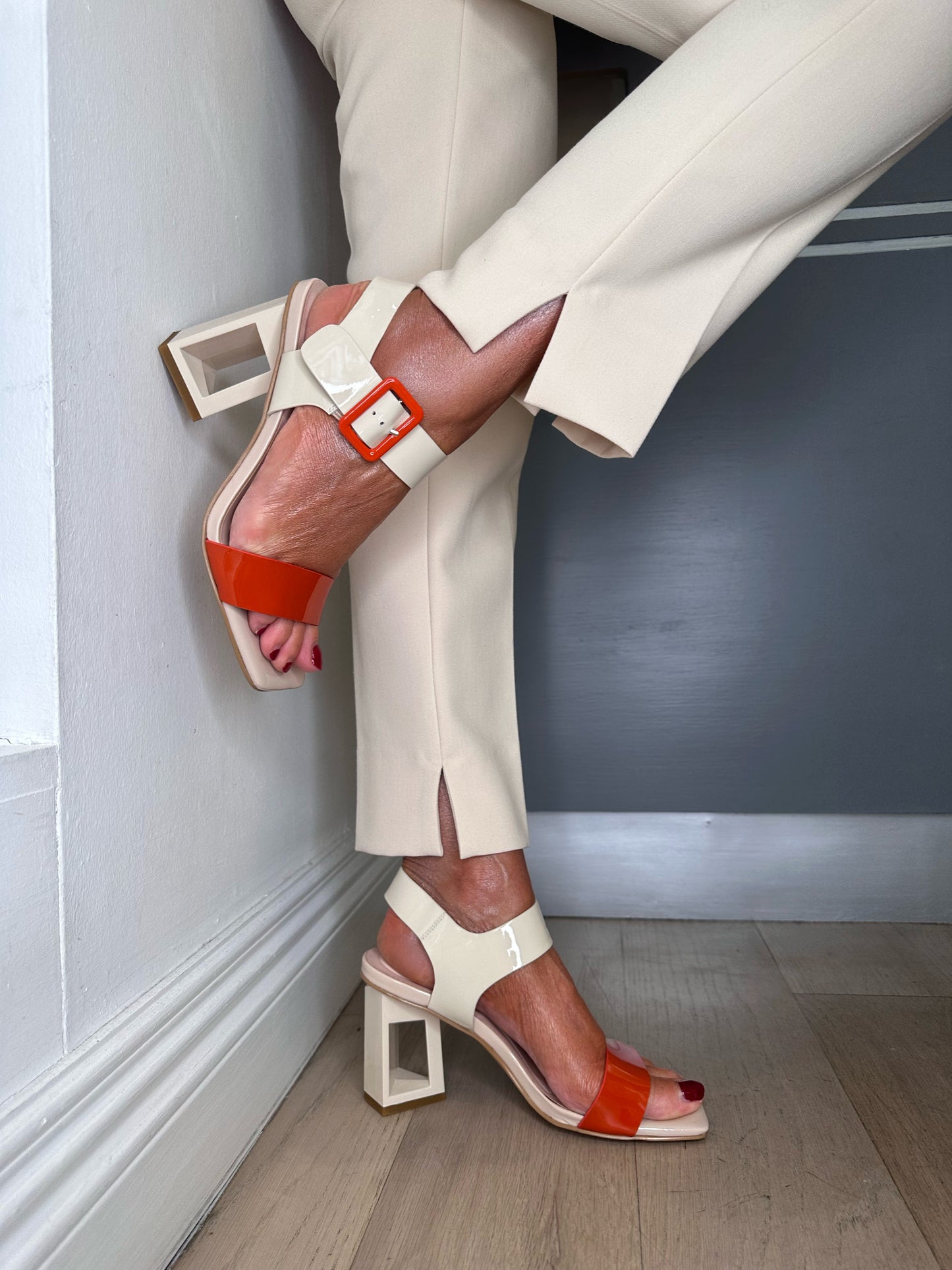 Loretta Vitale - Orange/Cream Patent Block Heel Sandal