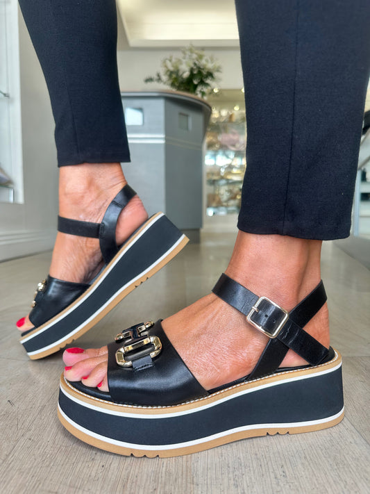 Repo -Black Nappa Leather Sporty Wedge Sandal With Gold Trim