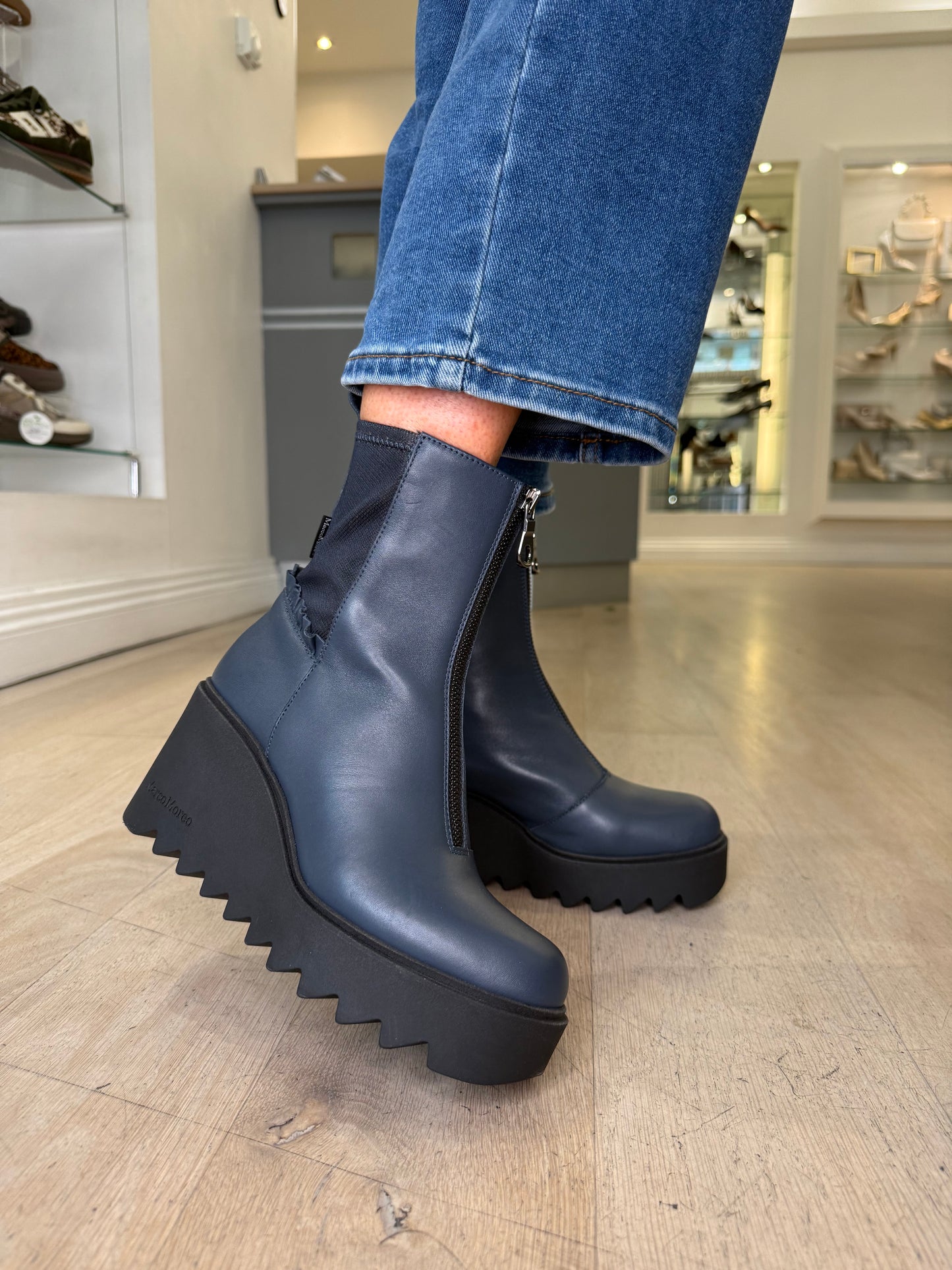 Marco Moreo - Navy Leather Chunky Sole Wedge Boot With Frill Detail