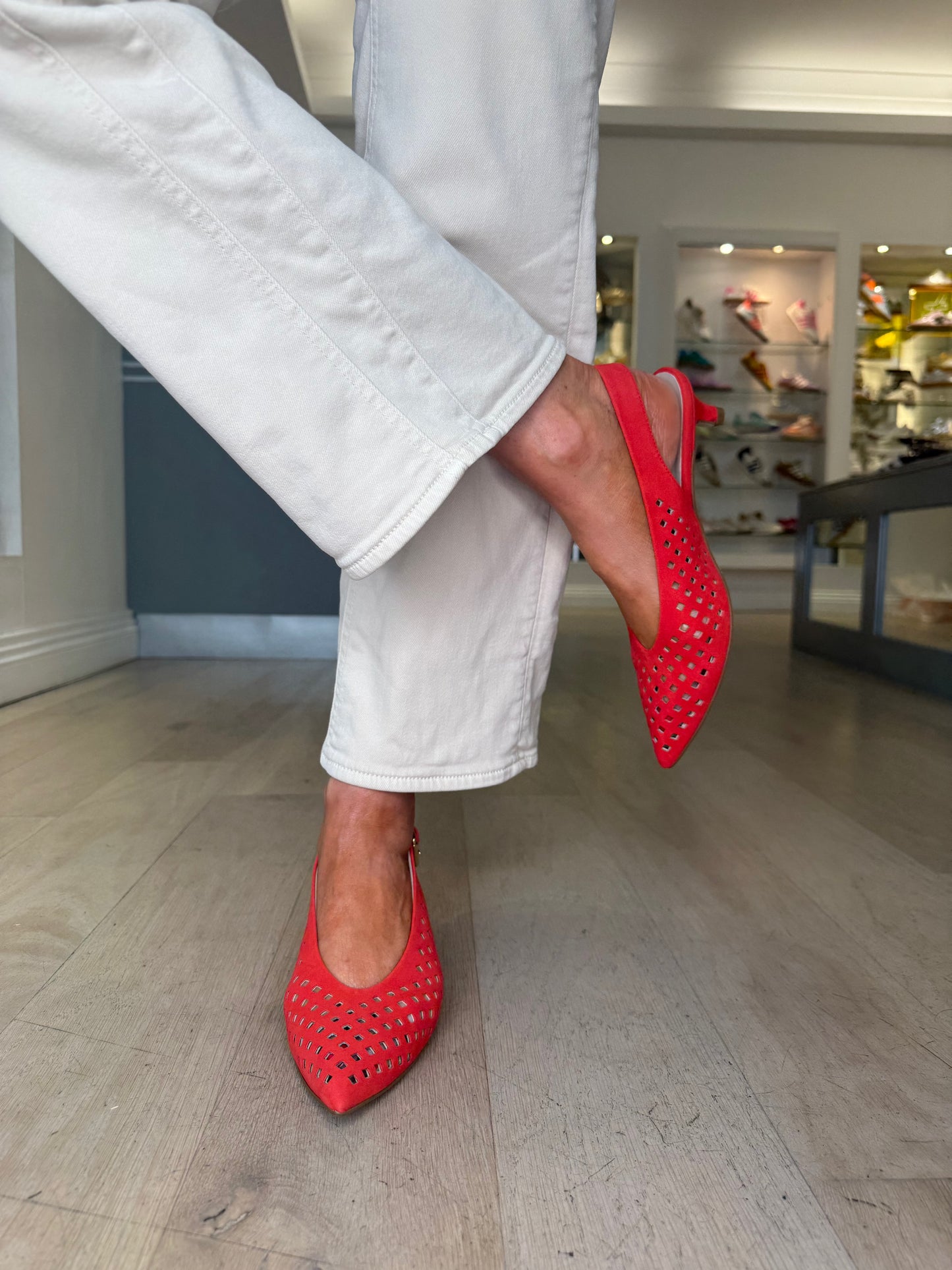 Marian - Red Suede Pointy Toe Perforated Slingback Shoe With Low Heel