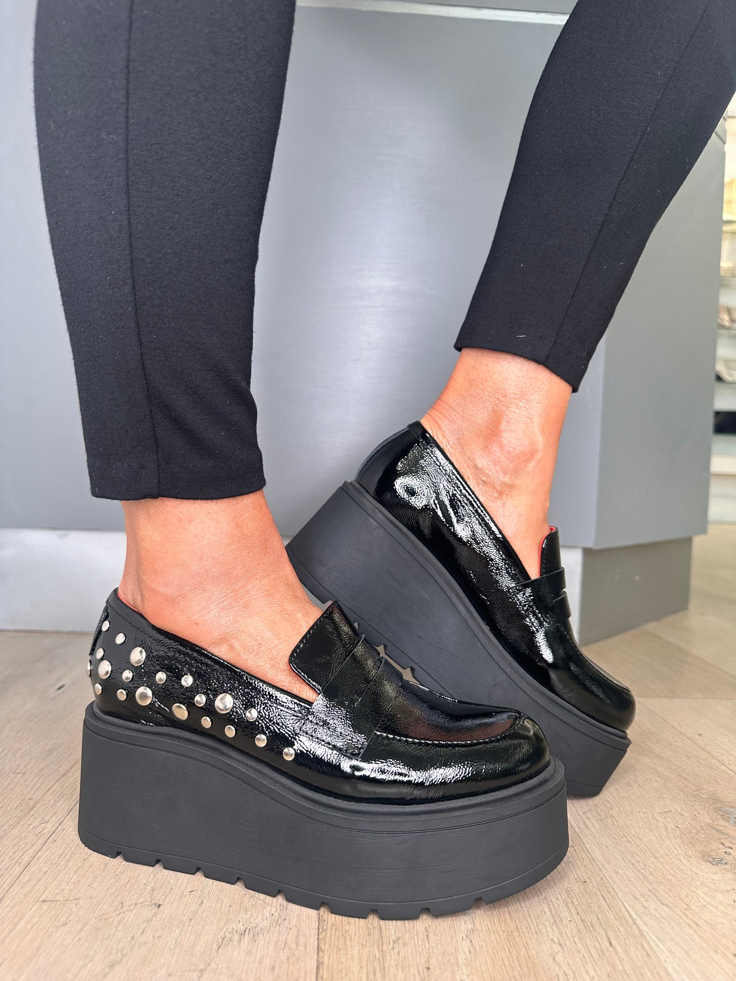 Marco Moreo - Black Flexy Patent Slip On Wedge Shoe With Silver Stud Detail