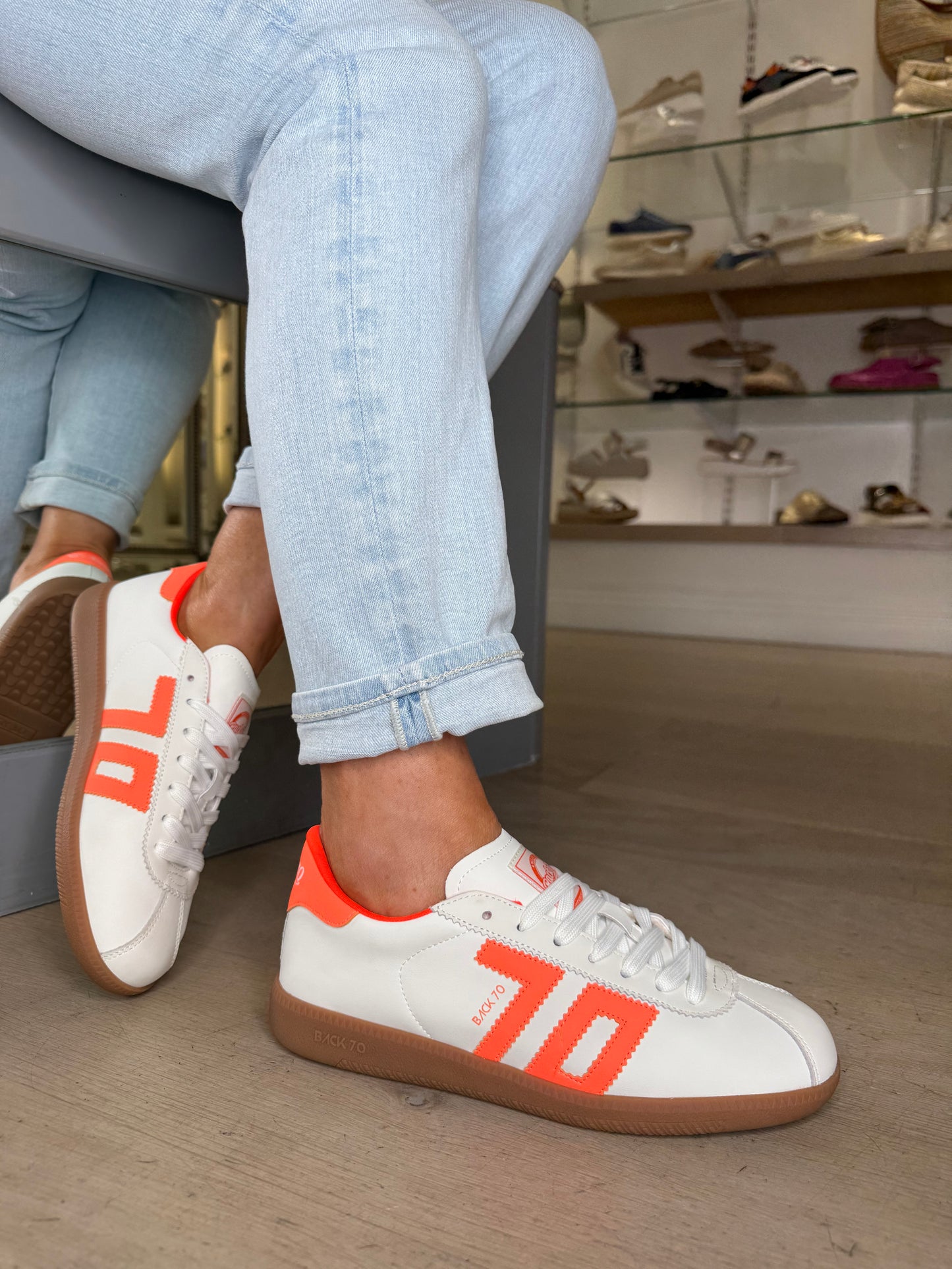 Back 70 -White Leather Trainer With Fluorescent Orange Trim