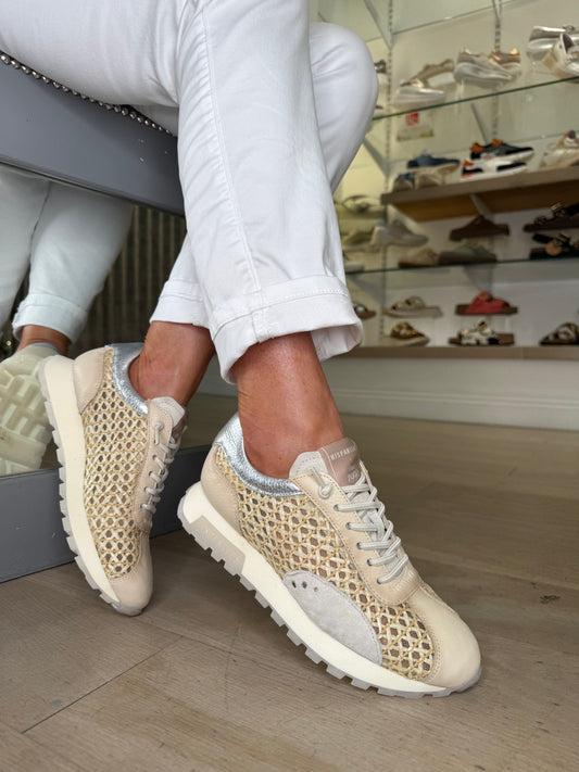 Hispanitas - Cream Weave/ Leather Mix Pull On Trainer With Silver Trim