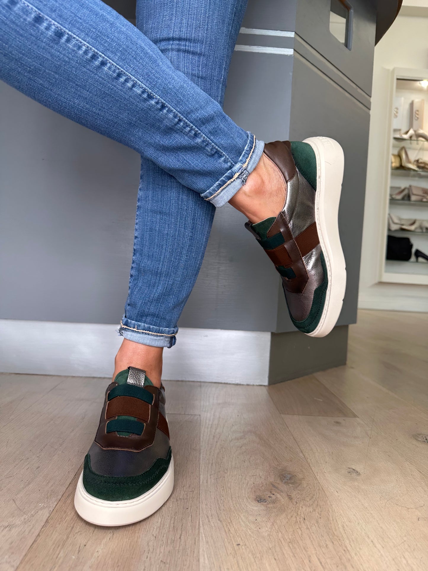 Hispanitas - Forest Green Suede / Metallic Pewter & Chocolate Brown Mix Pull On Trainer