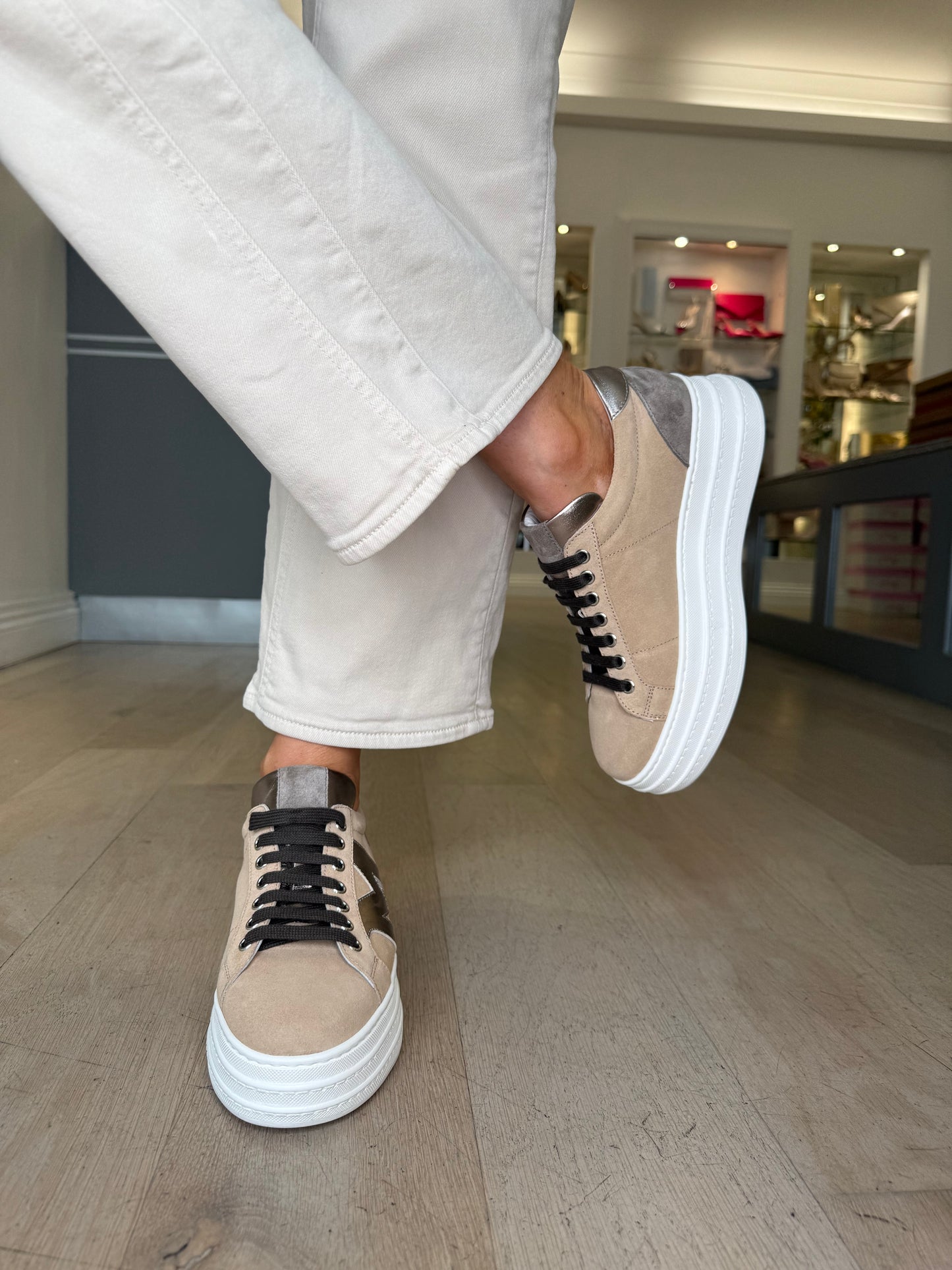 Marco Moreo - Madonna Camel Suede With Bronze Metallic Suede Flatform Sole Trainer
