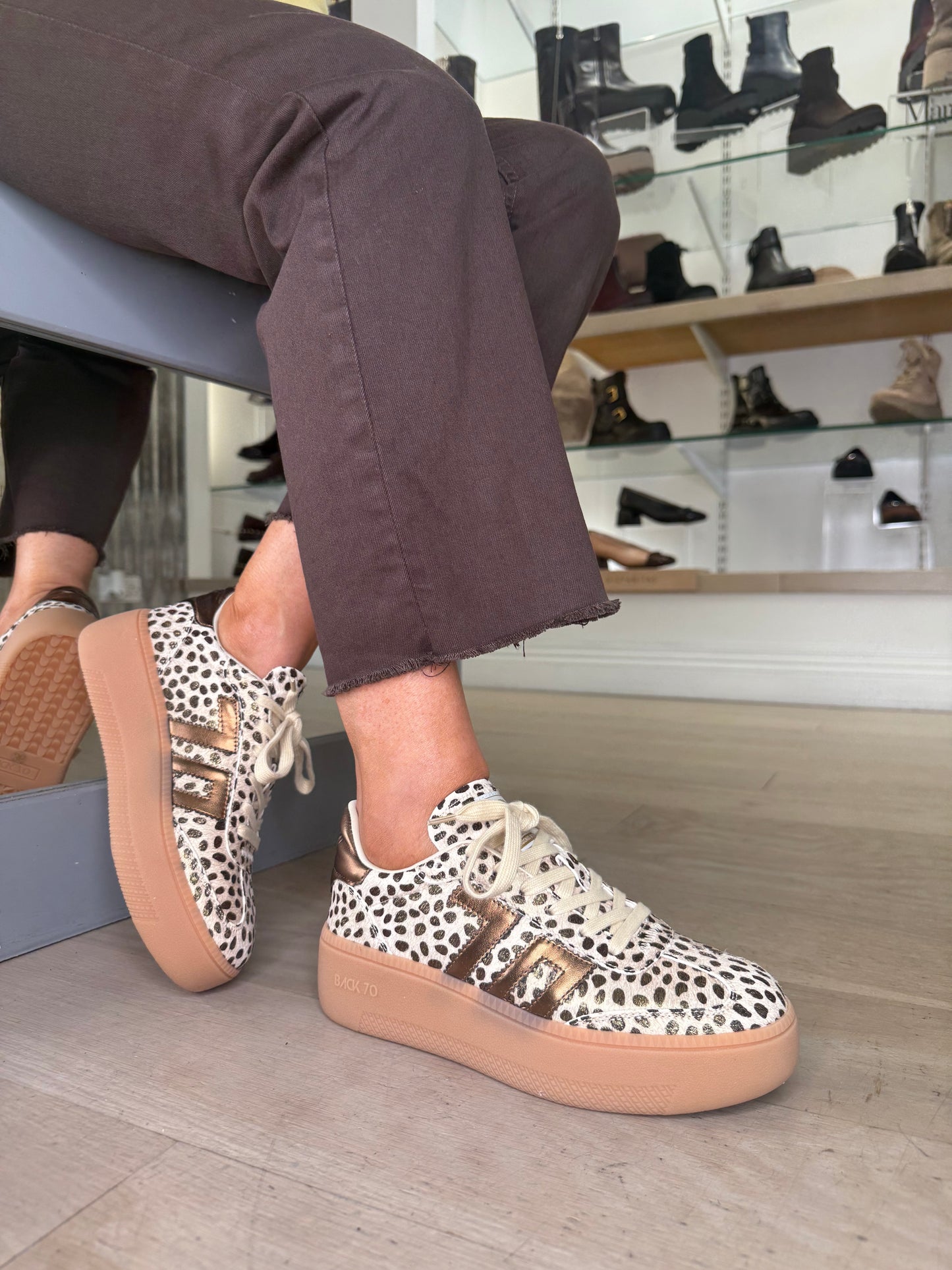 Back 70 - Cheetah Print Brown/ Bronze Mix Lace Up Flatform Trainer