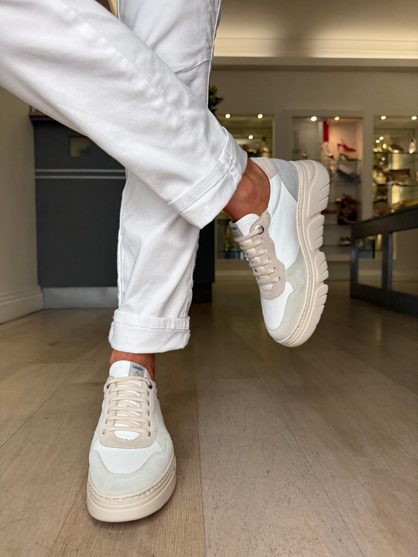 Callaghan - Beige & Pale Green/Grey Suede With White Leather Mix Trainer