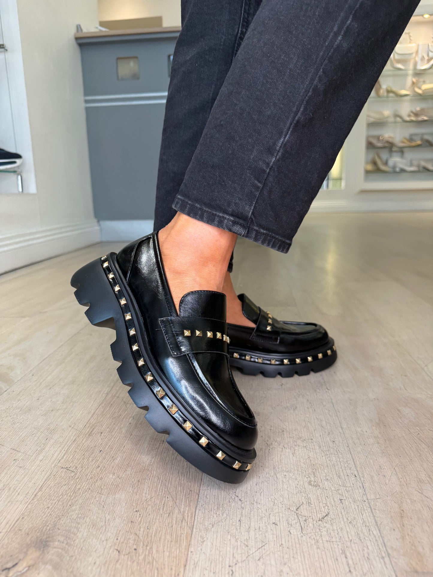 Lodi - Black Nappa Leather Chunky Sole Loafer With Gold Stud Trim Detail