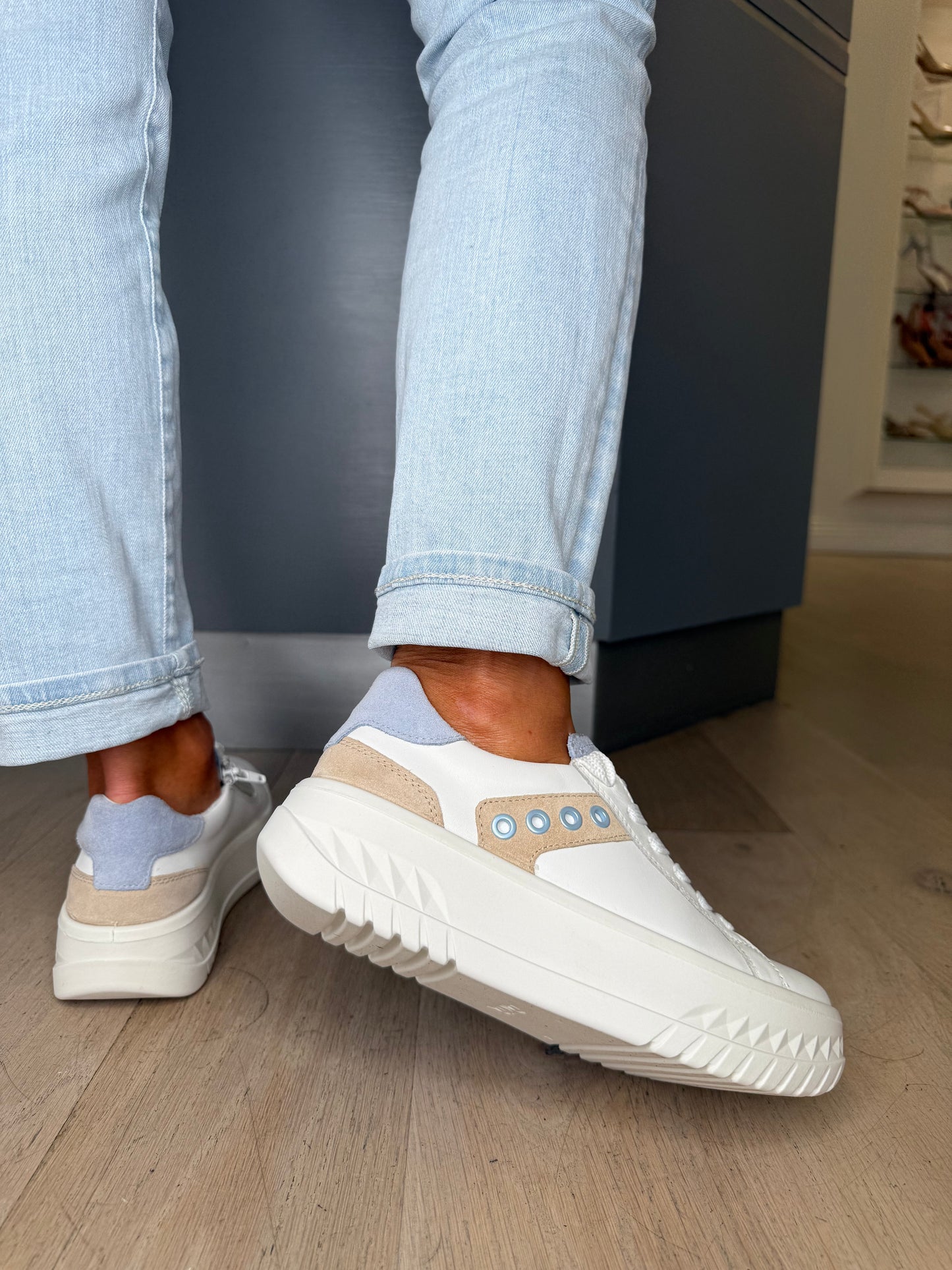 Ara - White Flatform Side Zip Trainer With Sky Blue & Beige Suede Trim