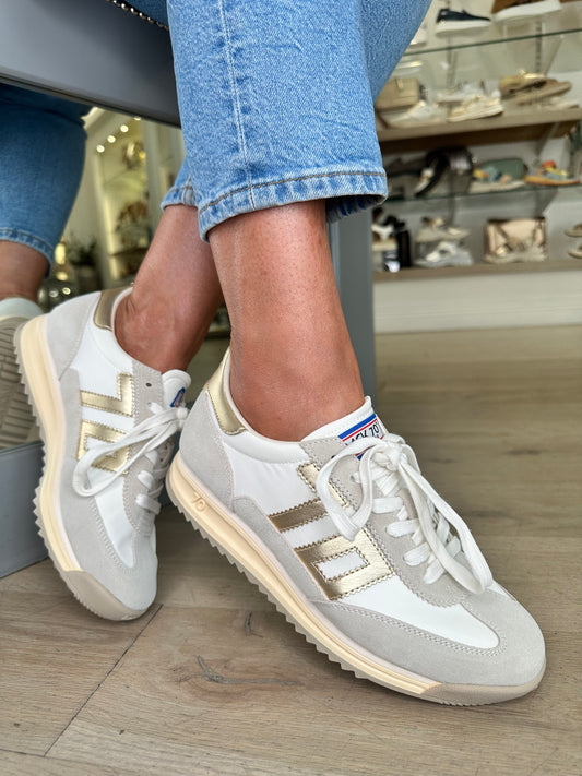 Back 70 - Barkley Jogger Soft Stone Suede/ White Nylon Fabric & Gold Metallic Trim Trainer
