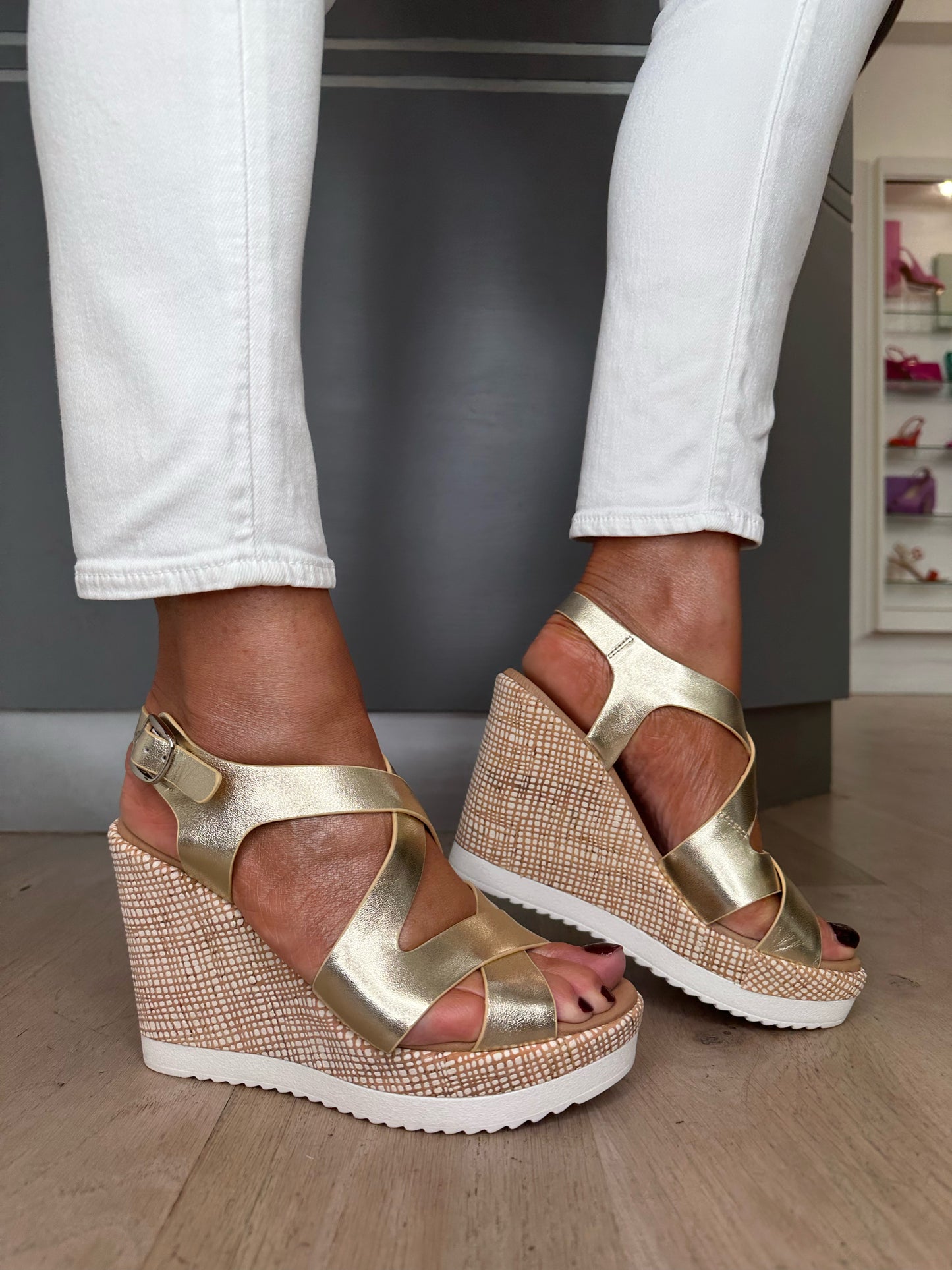 Repo - Metallic Gold Strappy Wedge Sandal