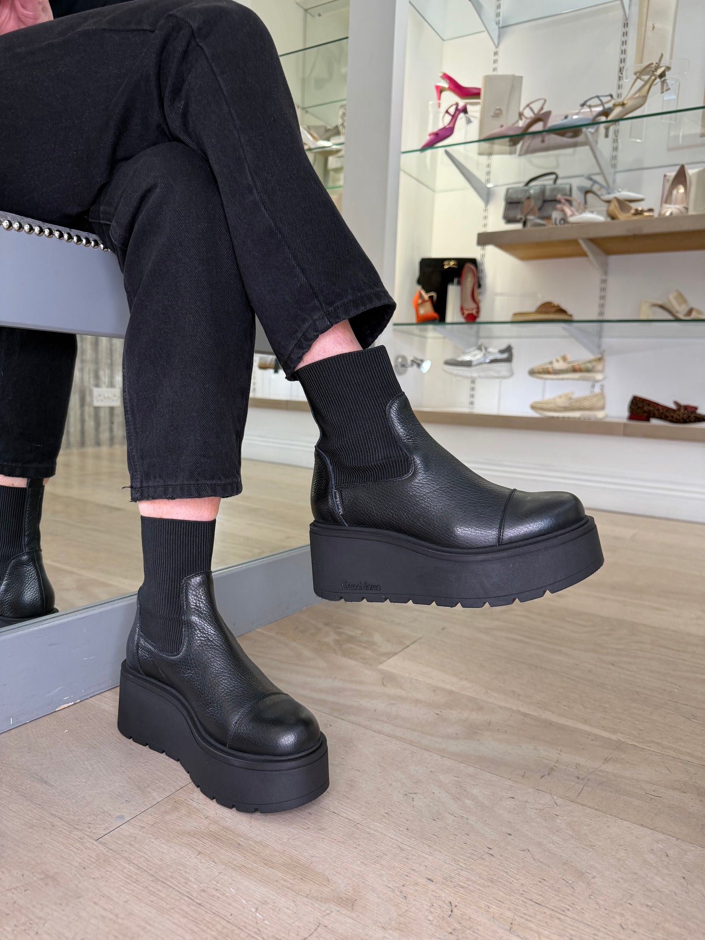 Marco Moreo - Brenda Black Grained Leather Chunky Sole Wedge Boot