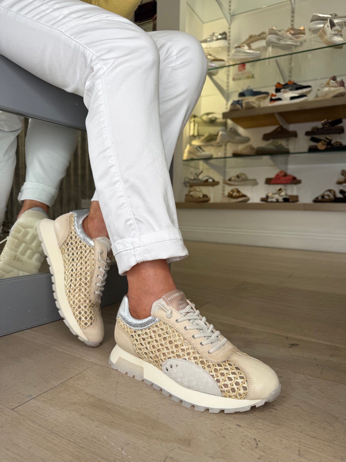 Hispanitas - Cream Weave/ Leather Mix Pull On Trainer With Silver Trim