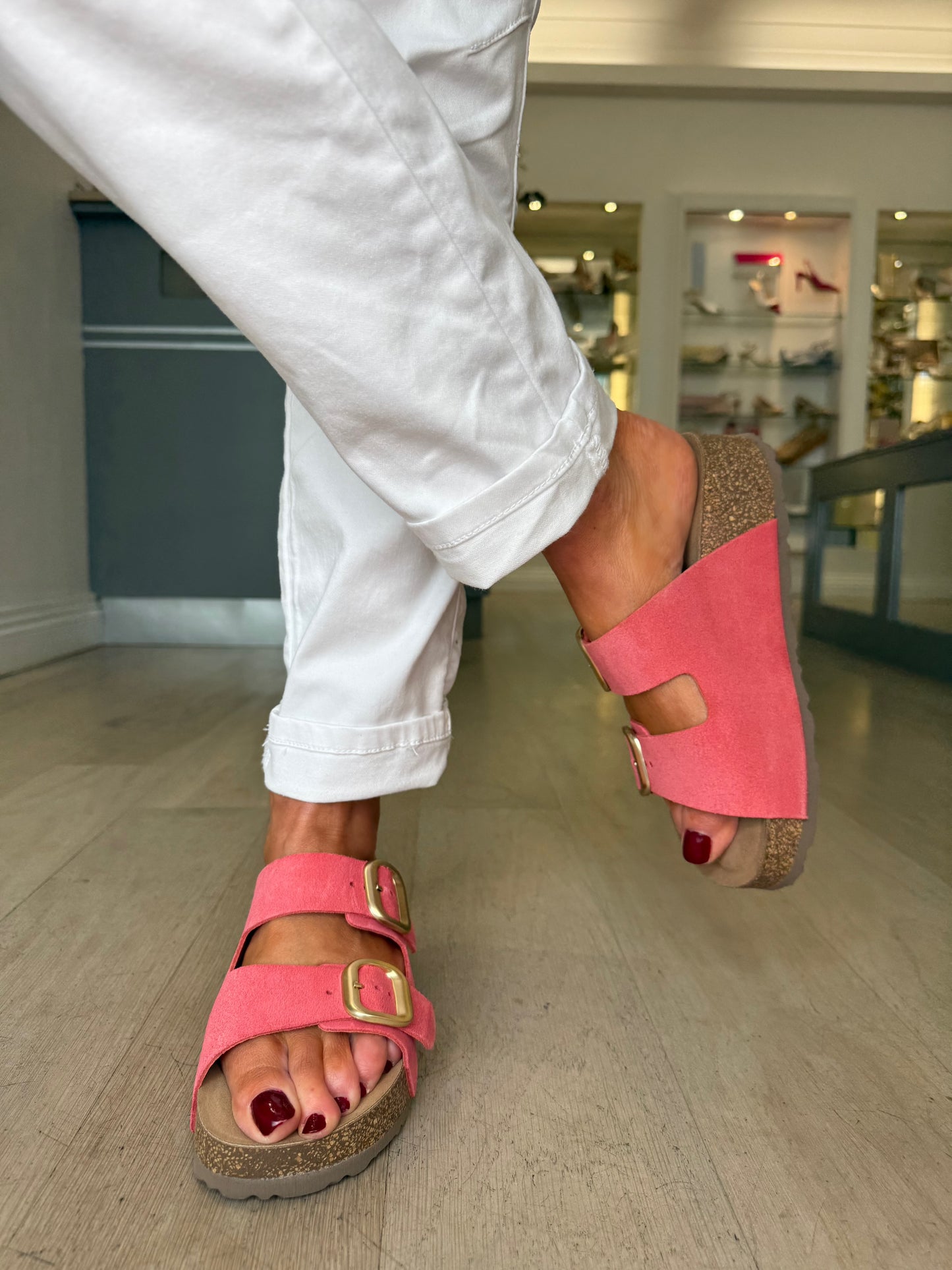 Yokono -Coral Suede 2 Strap Chunky Slider With Gold Buckle Trim