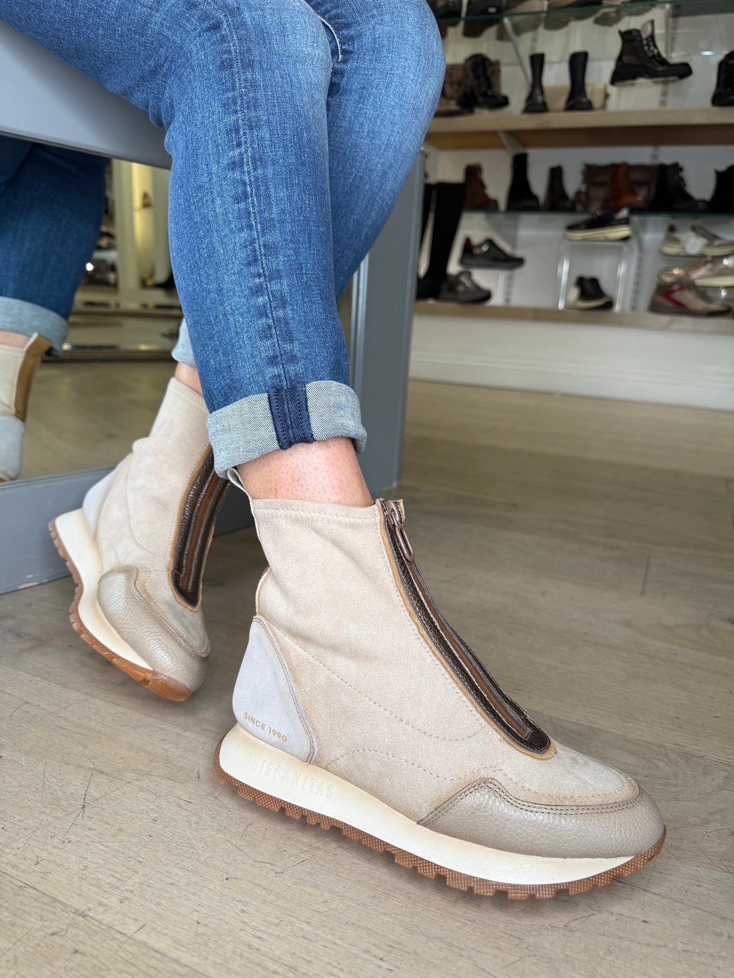 Hispanitas - Taupe Leather/ Cream Suede & Bronze Mix Sporty Zip Up Boot