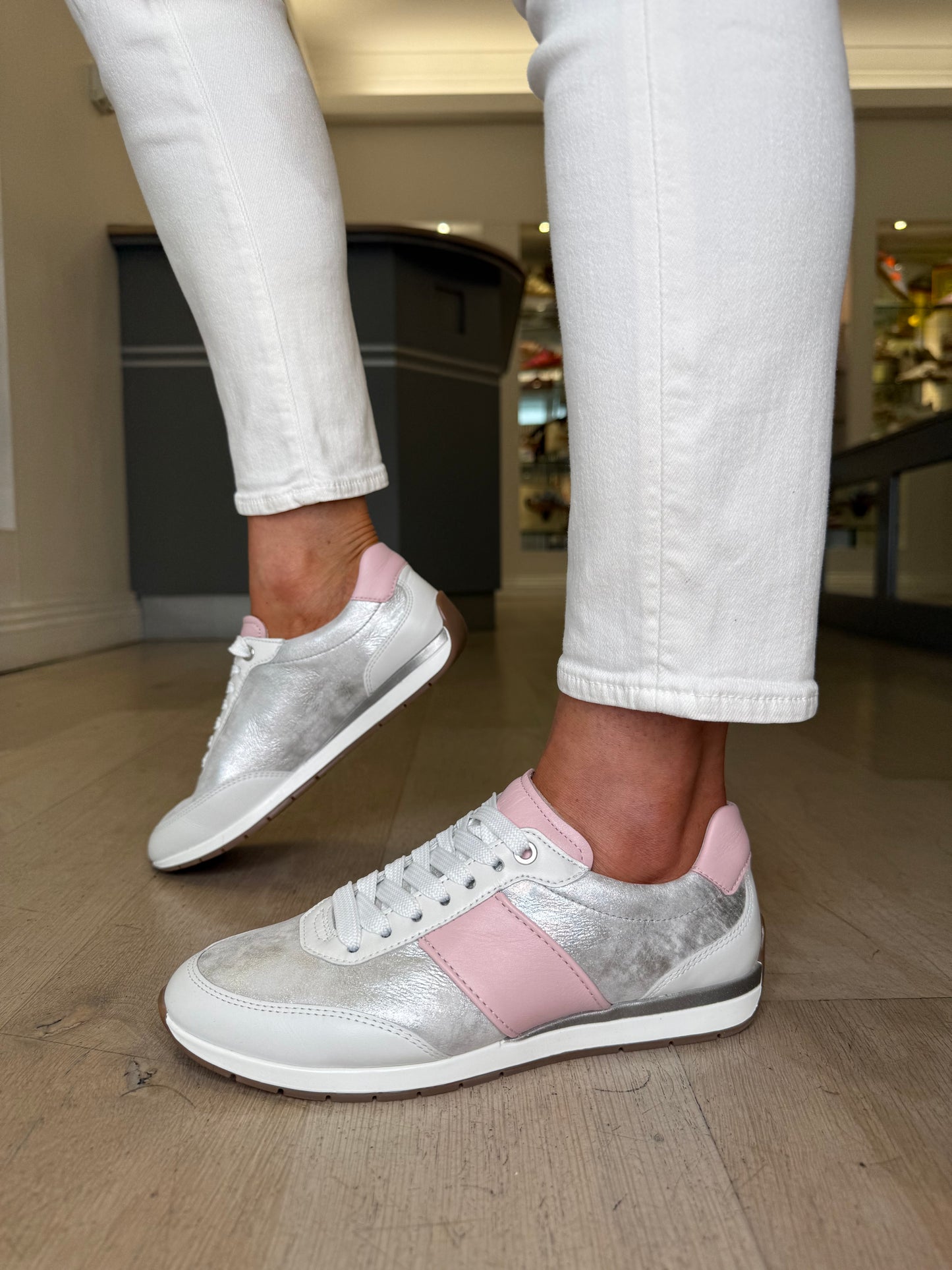 Ara - White Nappa Leather Trainer With Silver Shimmer & Baby Pink Trim