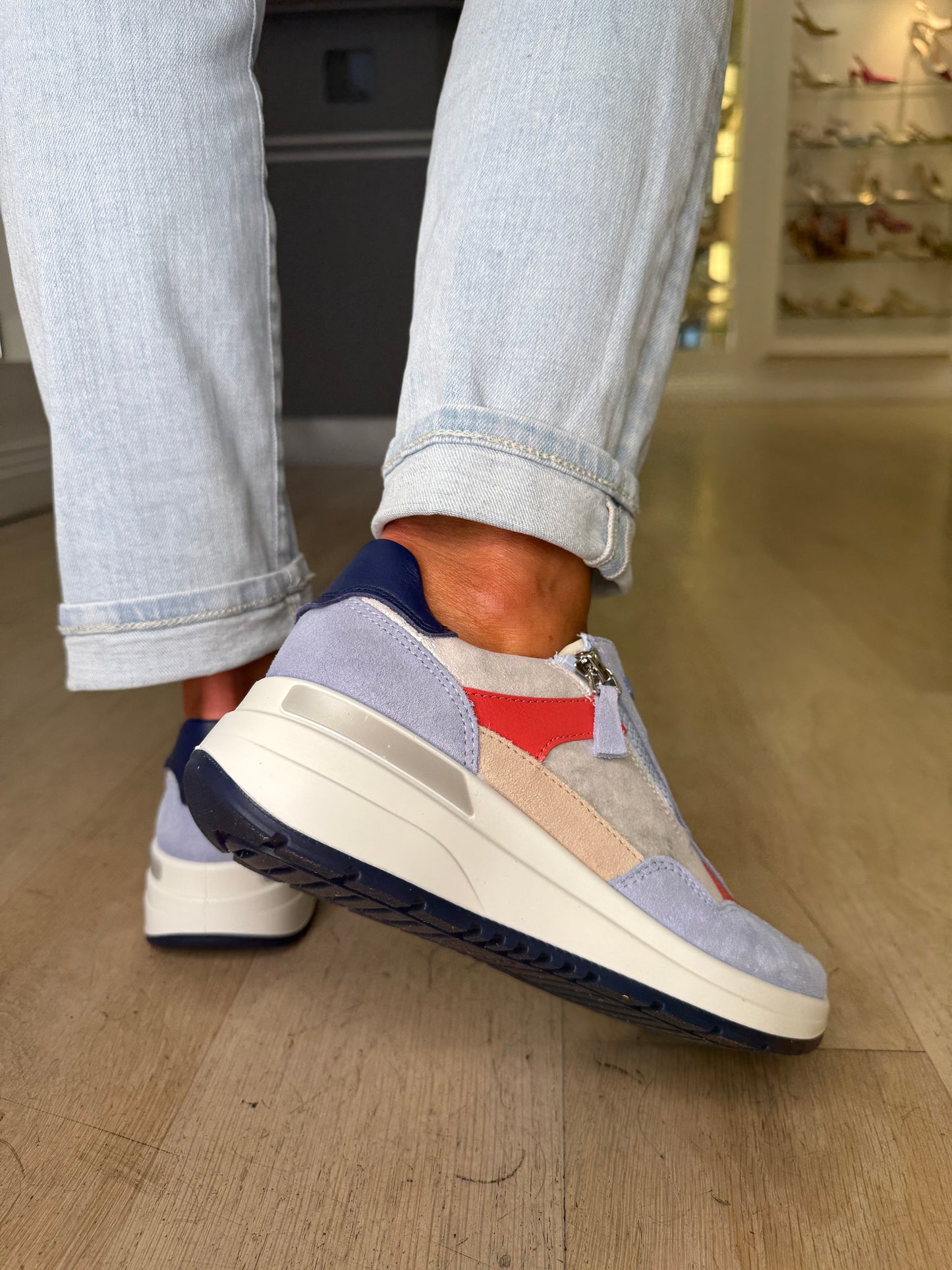 Ara - Blue Suede Trainer With Silver Multi Metallic Trim
