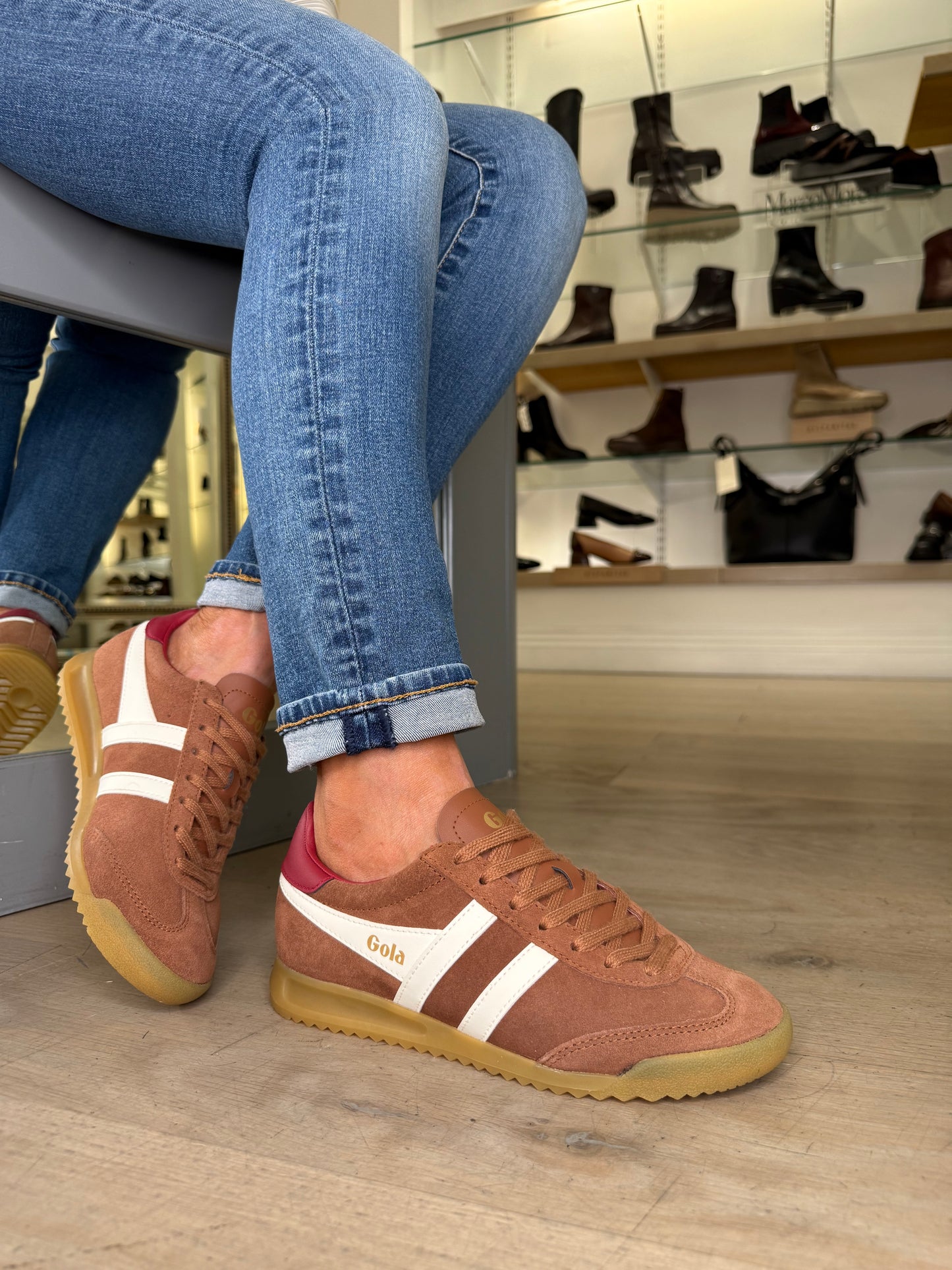 Gola -Torpedo Chestnut Suede Trainer With White & Red Trim