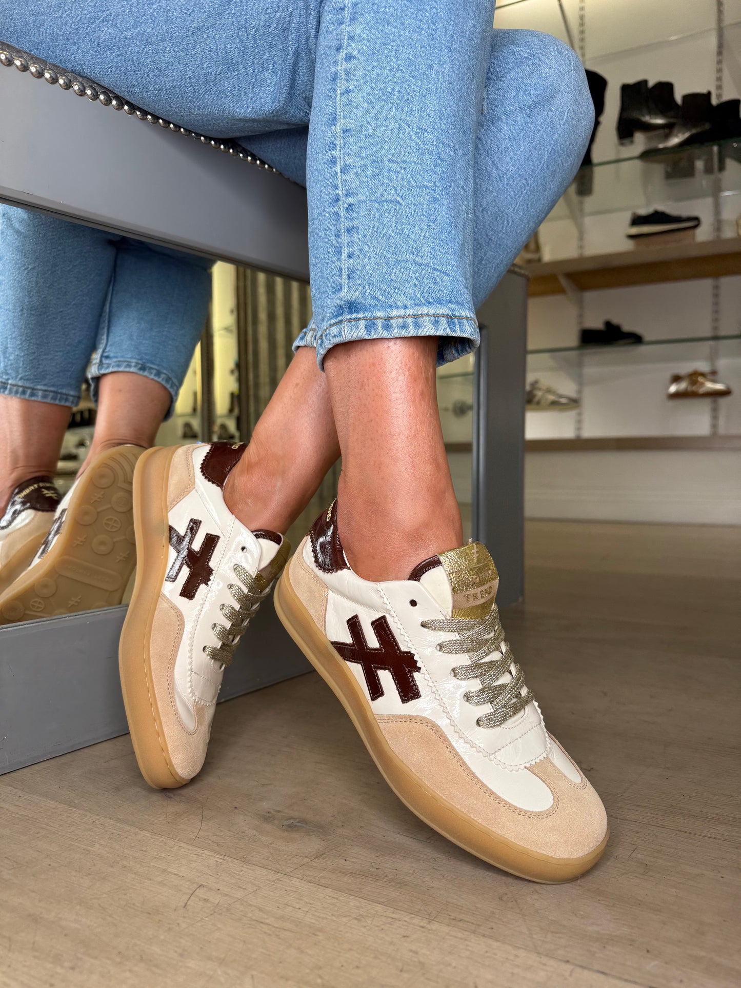 Another Trend - Beige Suede & Rich Cream Flexy Patent Trainer With Brown Trim