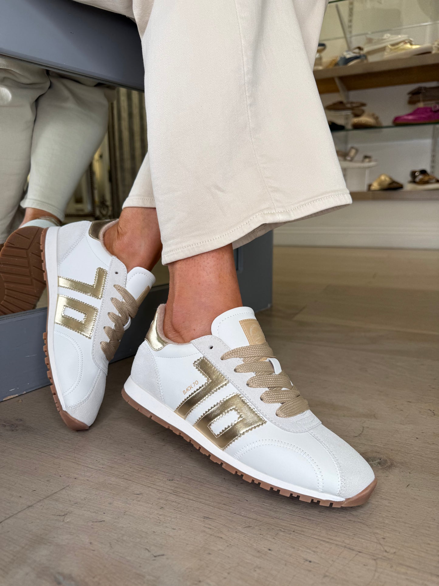 Back 70 -White Leather Trainer With Soft  Suede & Metallic Gold Trim