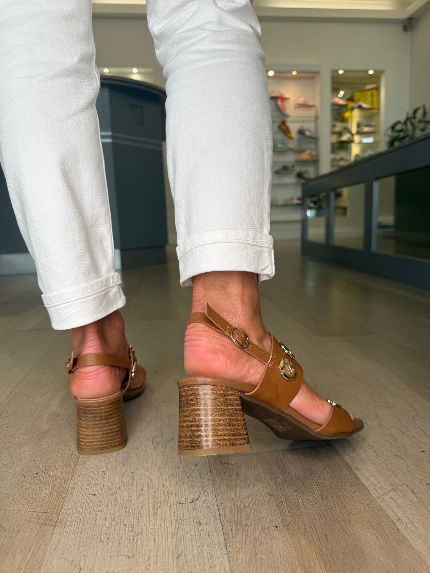 Repo - Tan Leather Block Heel Sandal with Gold Hardware Detail