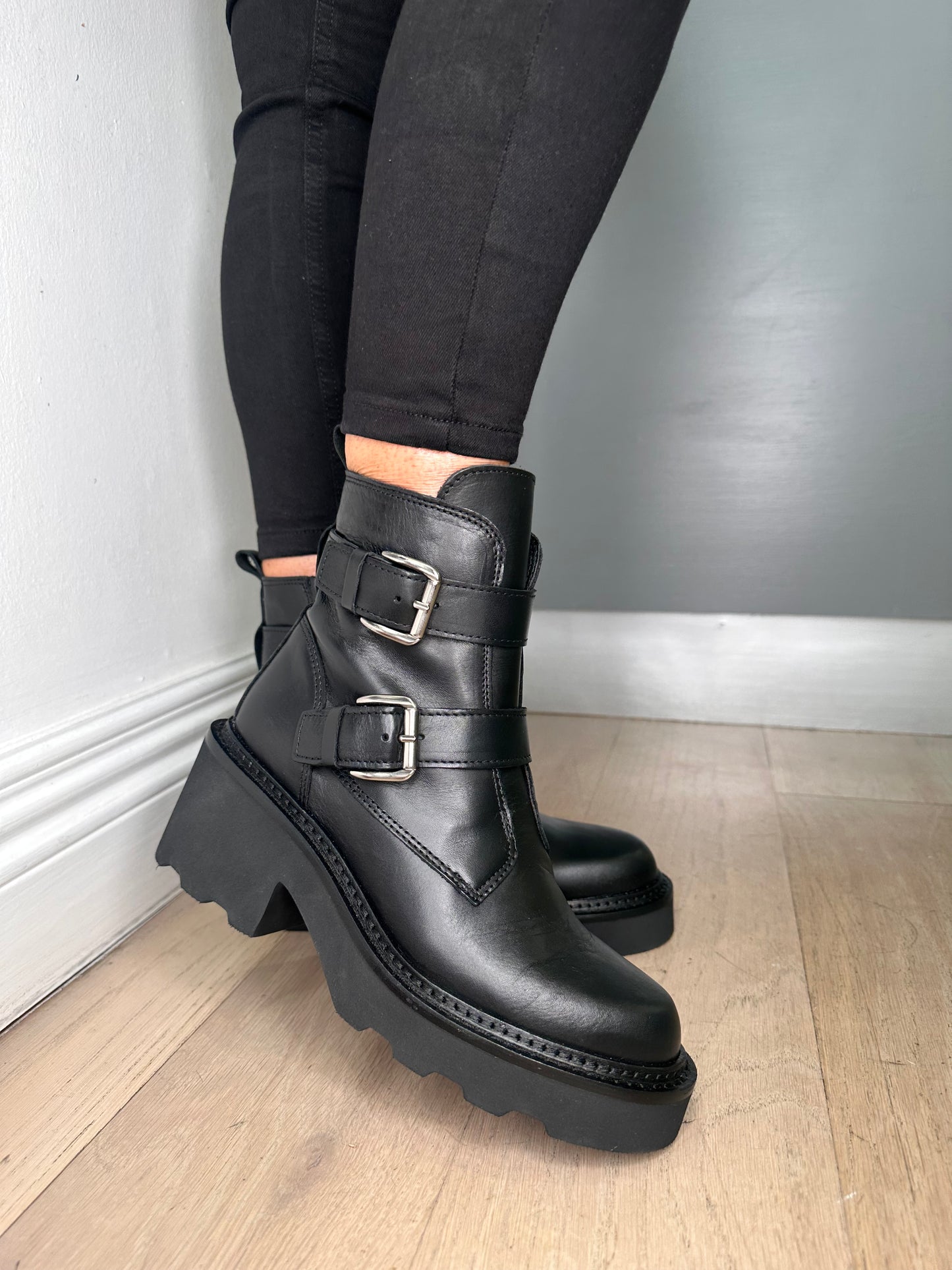 Alpe - Black Nappa Leather 2 Strap Chunky Boot