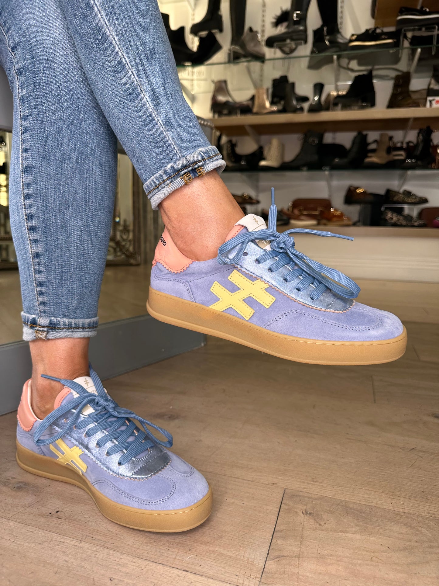 Another Trend (Alpe) - Sky Blue Suede / Metallic Mix Trainer With Lemon /  Soft Rose Trim