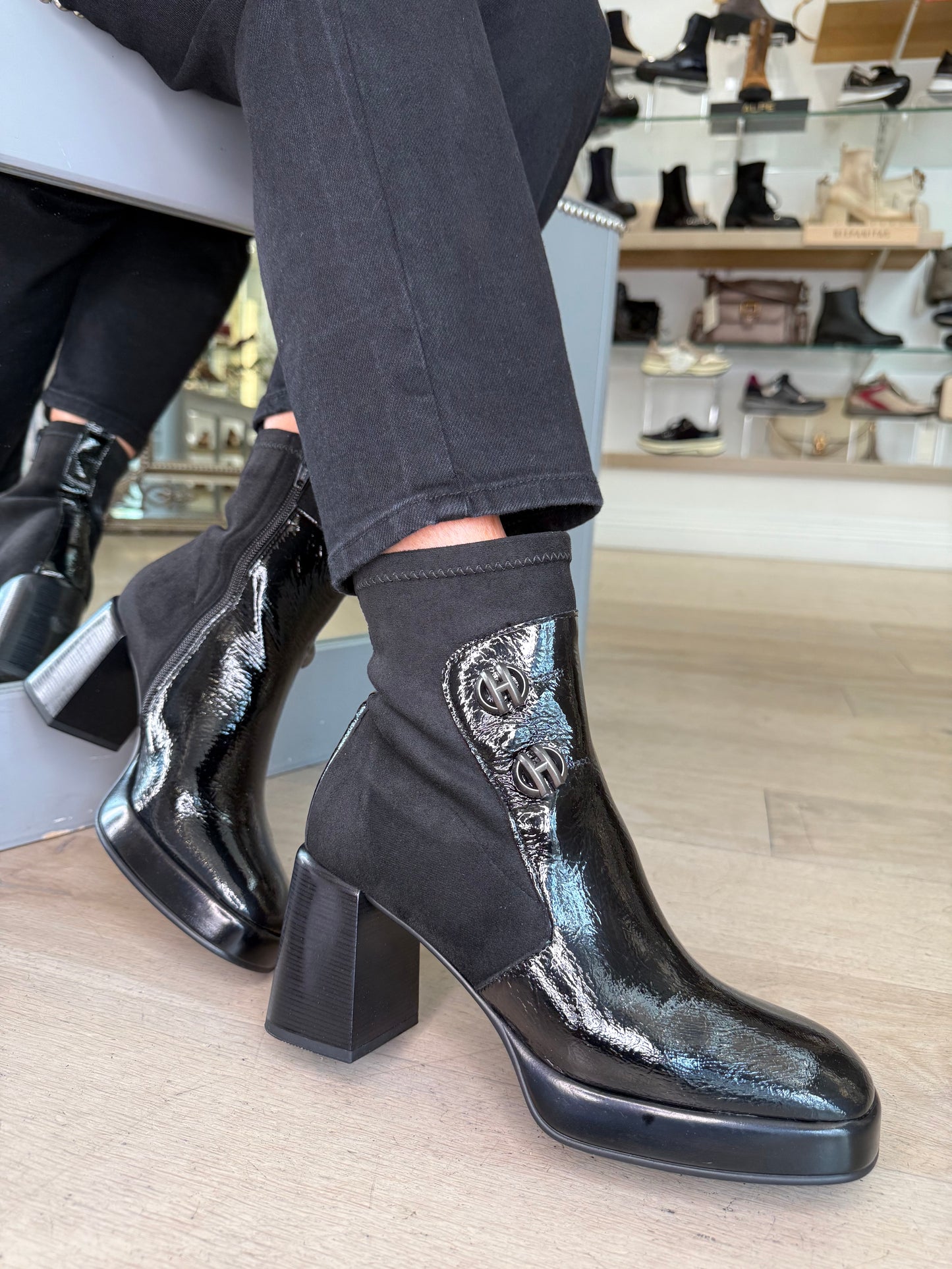 Hispanitas - Black Flexy Patent/ Stretch Suede Block Heel Boot