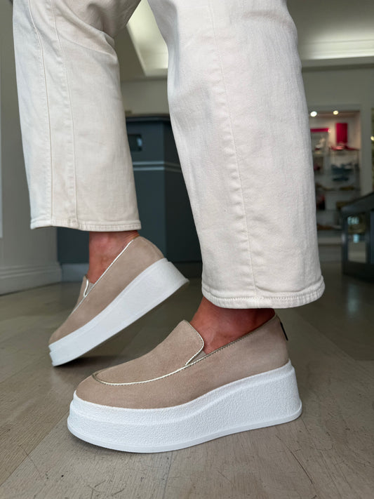 Marco Moreo - Beige Suede Chunky Slip On Shoe With Subtle Gold Trim