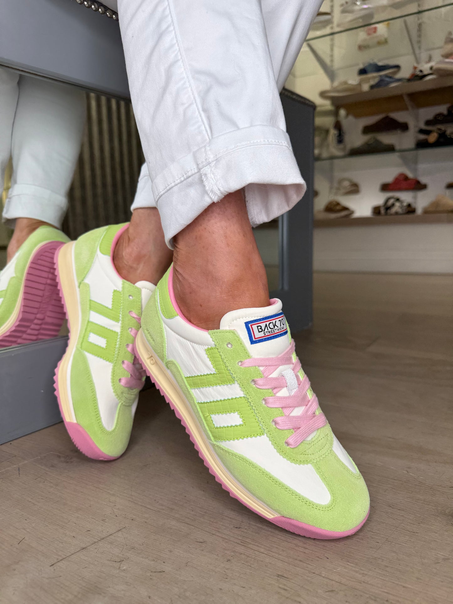 Back 70 - Lime Green Suede & White Leather Trainer With Soft Pink Trim