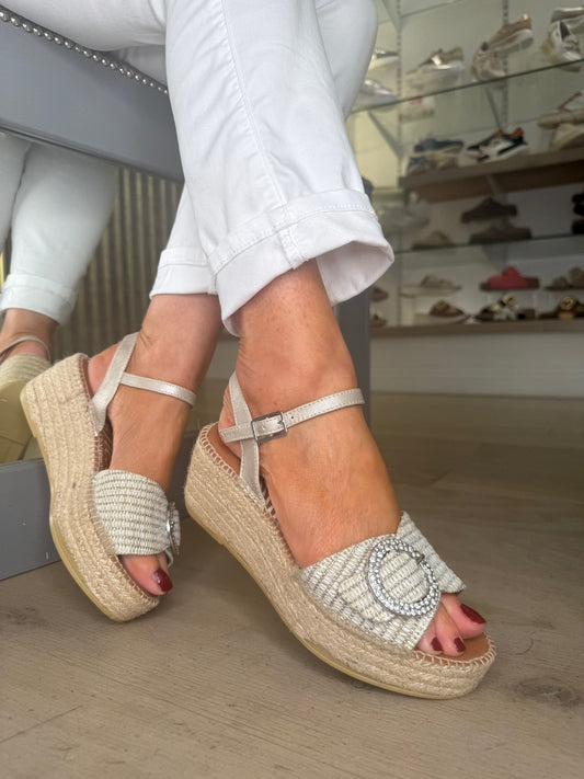 Viguera - Soft Silver Espadrille Wedge With Diamante Buckle Trim