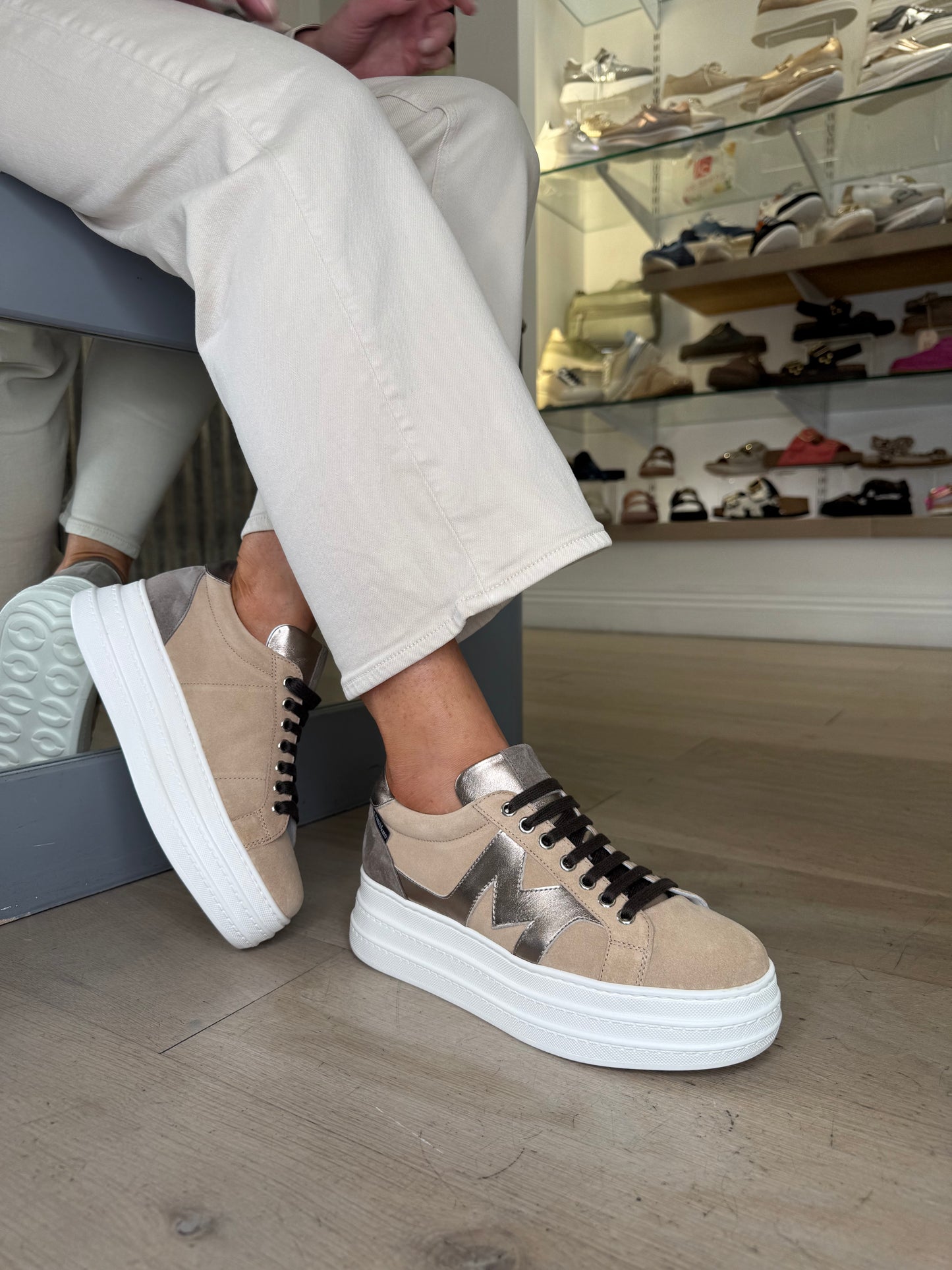 Marco Moreo - Madonna Camel Suede With Bronze Metallic Suede Flatform Sole Trainer