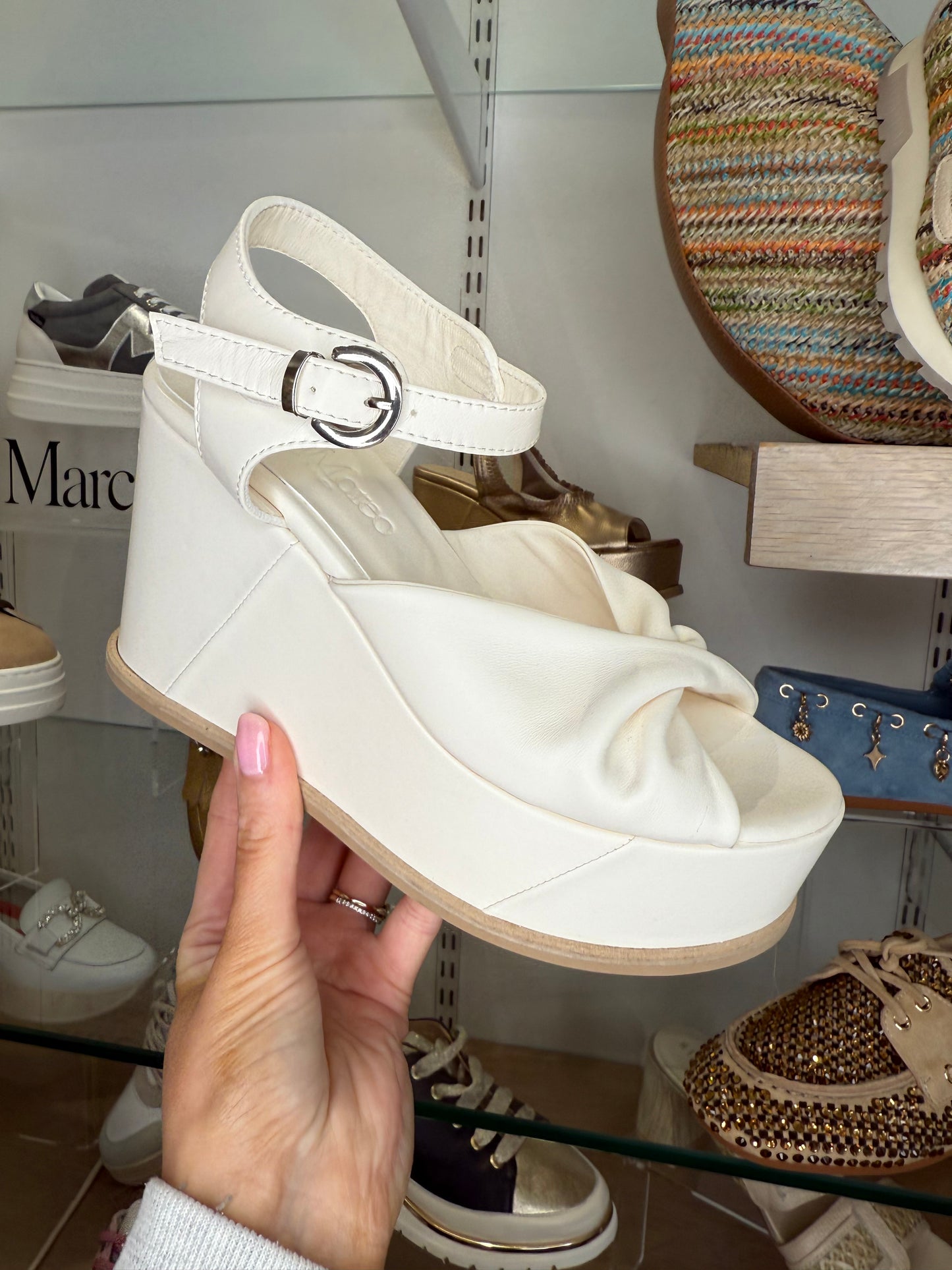 Marco Moreo -Luna Milk Latte Criss Cross High Wedge Sandal
