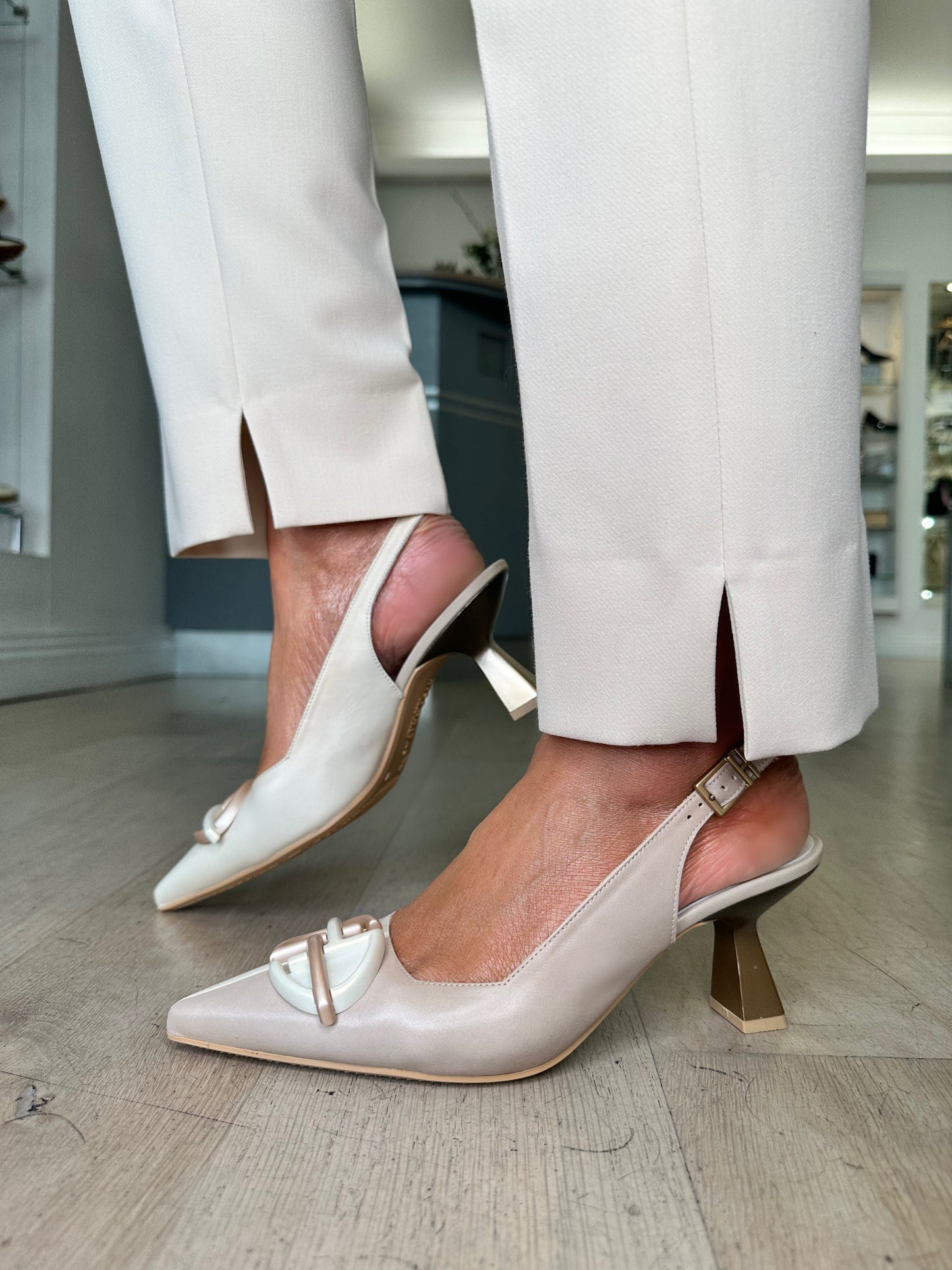 Hispanitas -Taupe/Beige Mix Pointy Toe Slingback Court Shoe