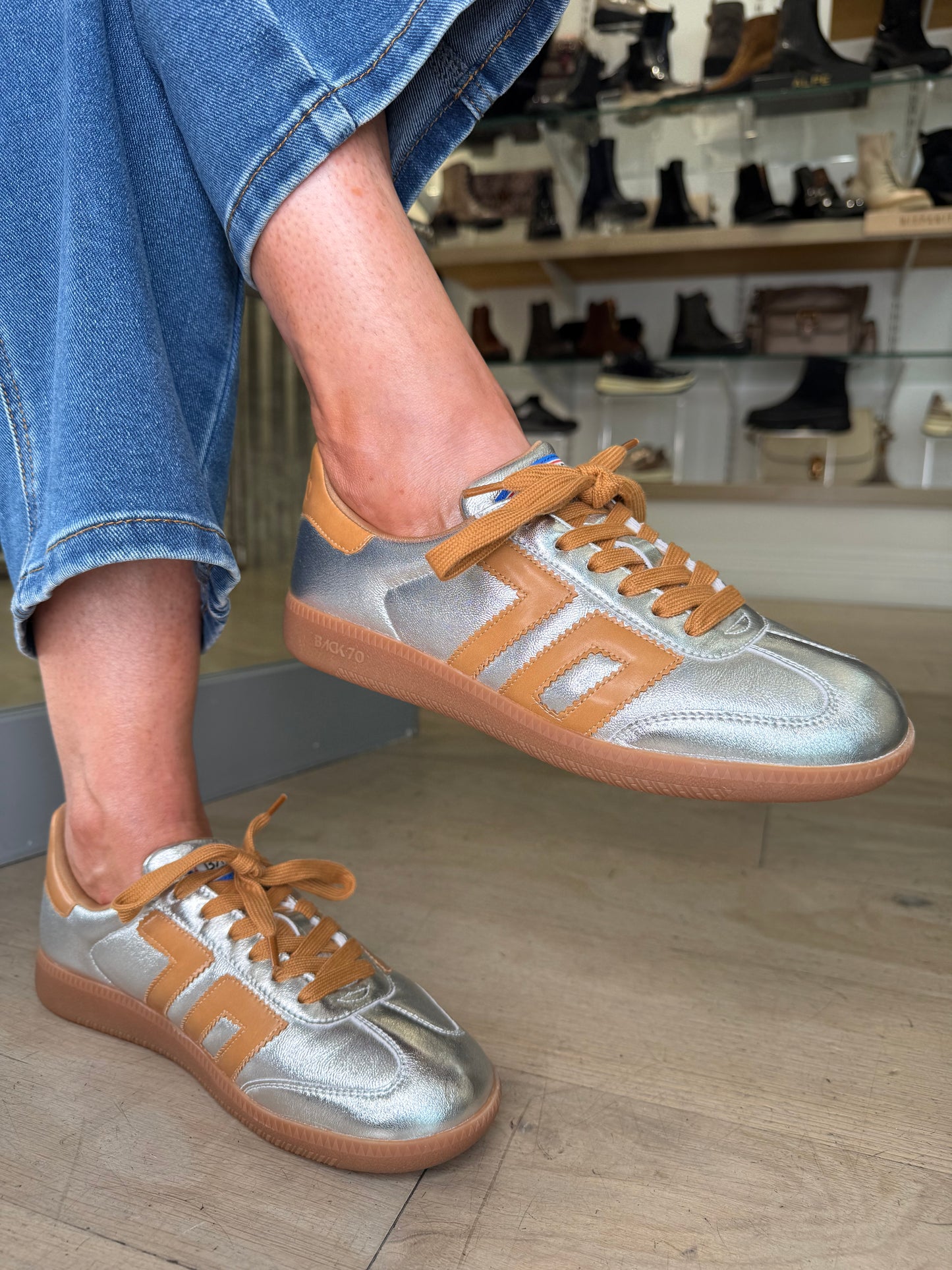Back 70 - Cloud Metallic Silver Trainer With Tan Trim
