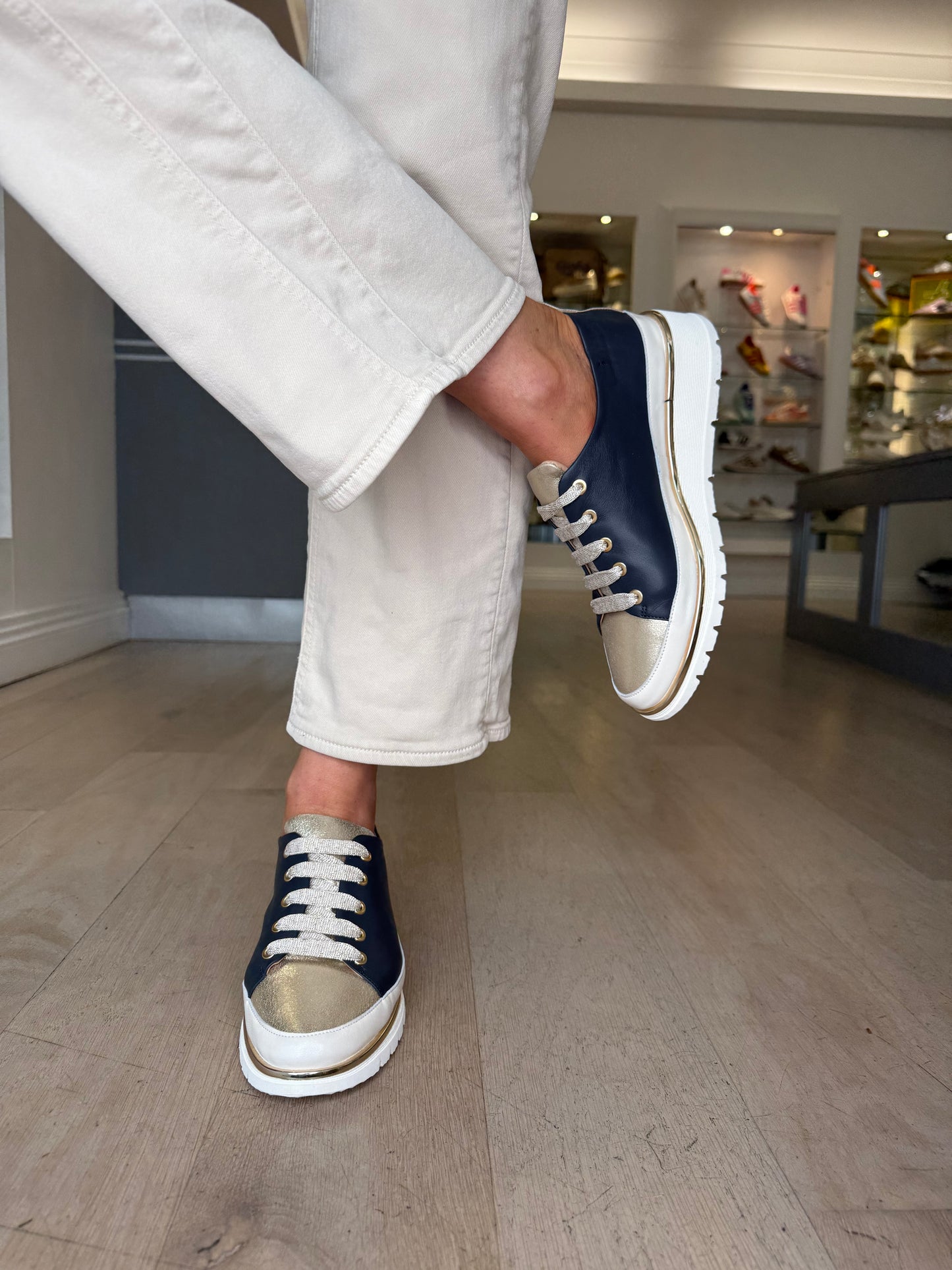 XSA - Navy & Cream Lace Up Wedge Shoe With Gold Trim