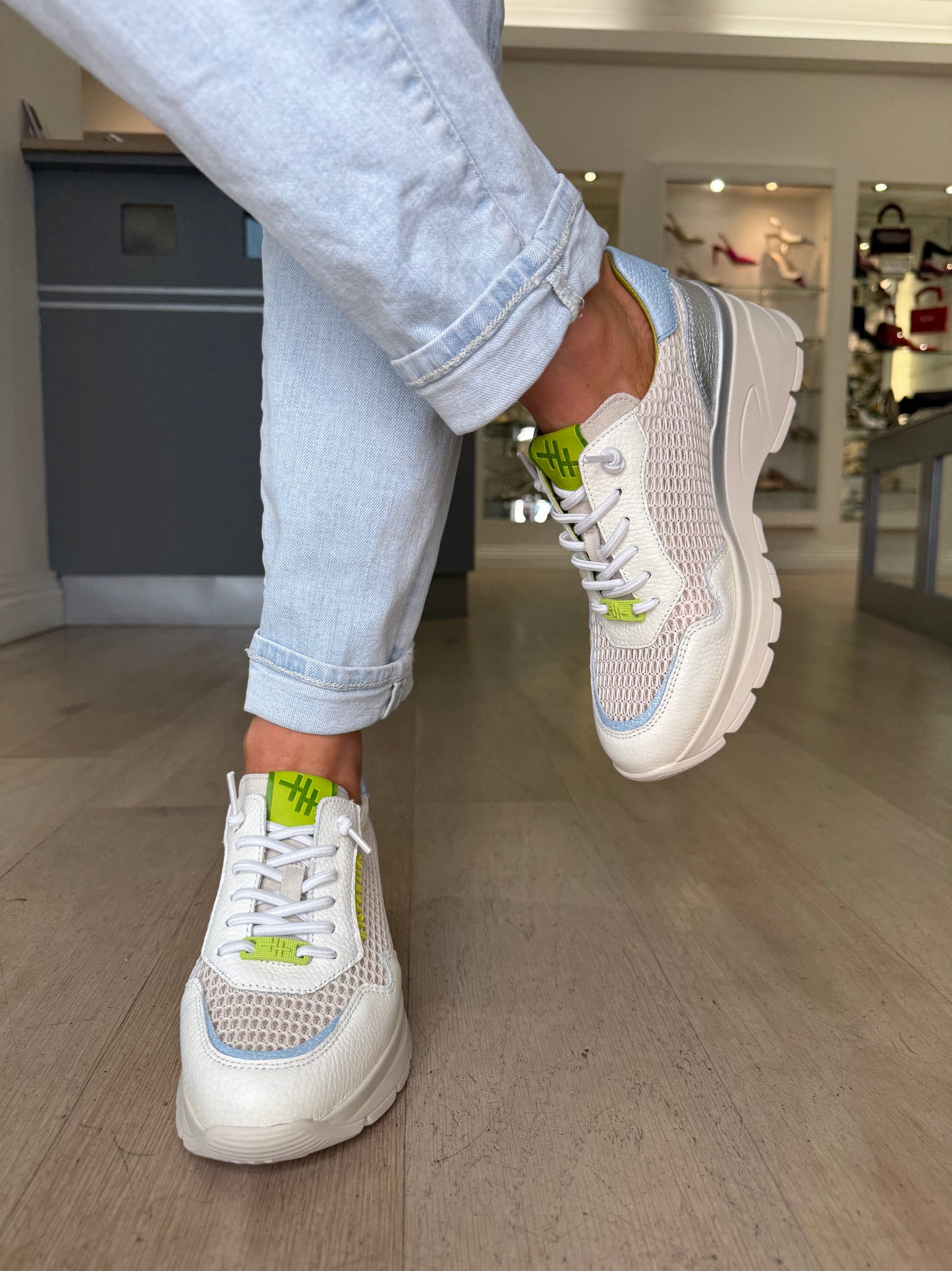 Hispanitas - White Leather Trainer With Lime, Silver & Blue Mix Trim