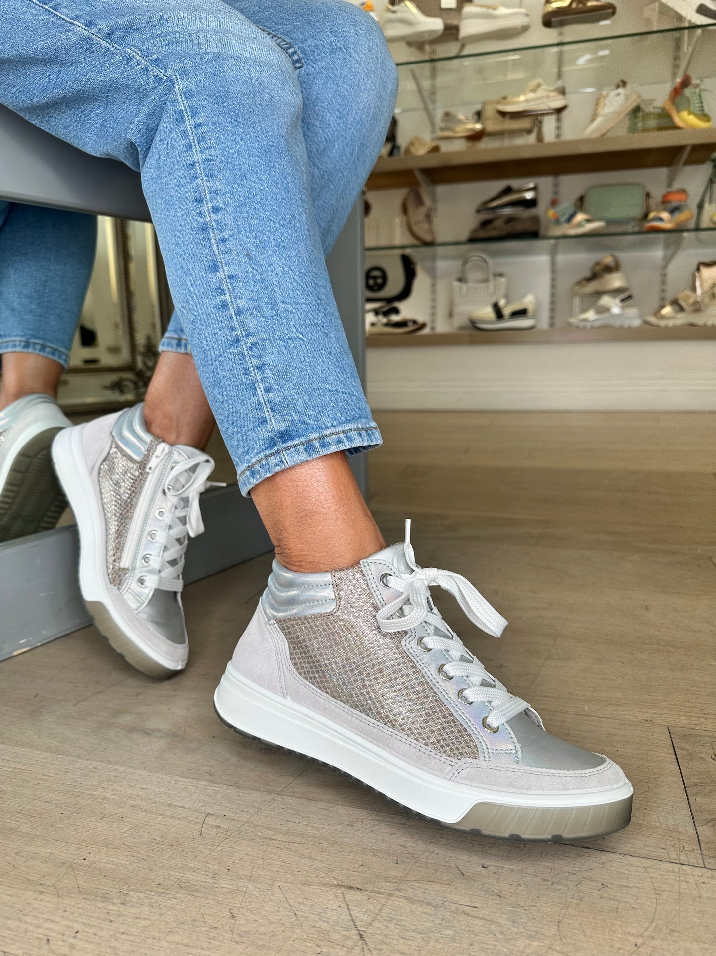 Ara -  Silver / Grey High Top Trainer With Side Zip