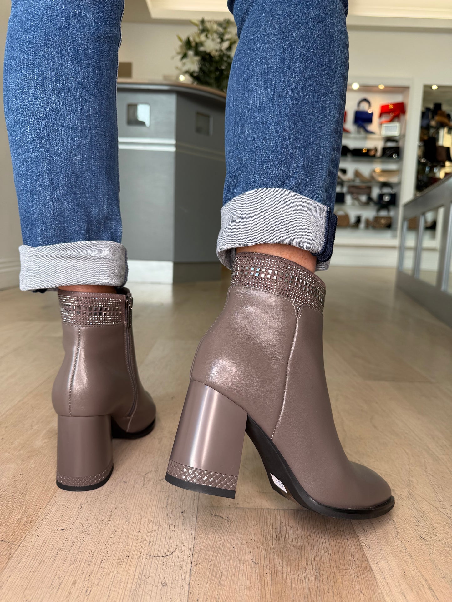 Loretta Vitale -  Taupe Leather Block Heel Pointy Toe Boot With Stone Trim