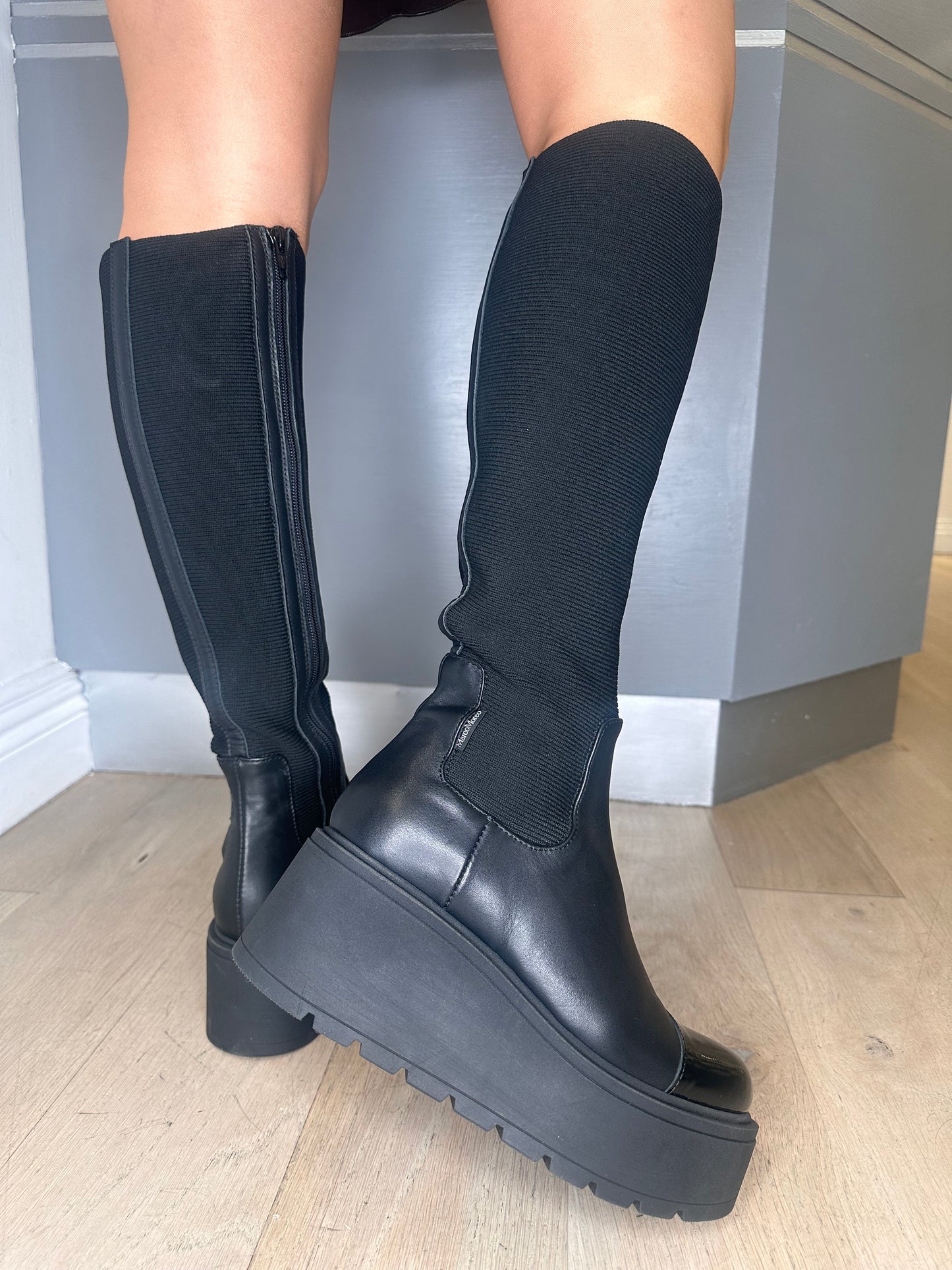 Marco Moreo - Long Black Leather / Stretch Fabric Chunky Sole Boot