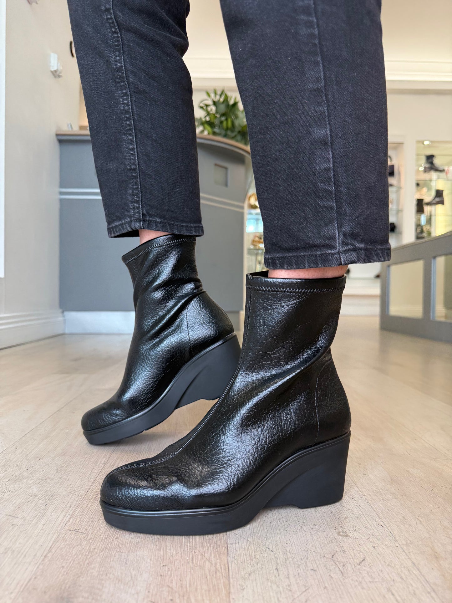 Miss Elastic - Black Leather Stretch Sock Wedge Boot