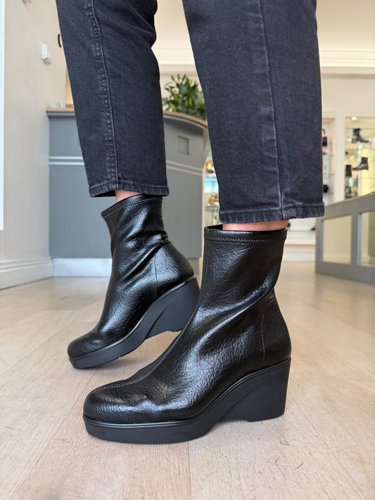 Miss Elastic - Black Leather Stretch Sock Wedge Boot