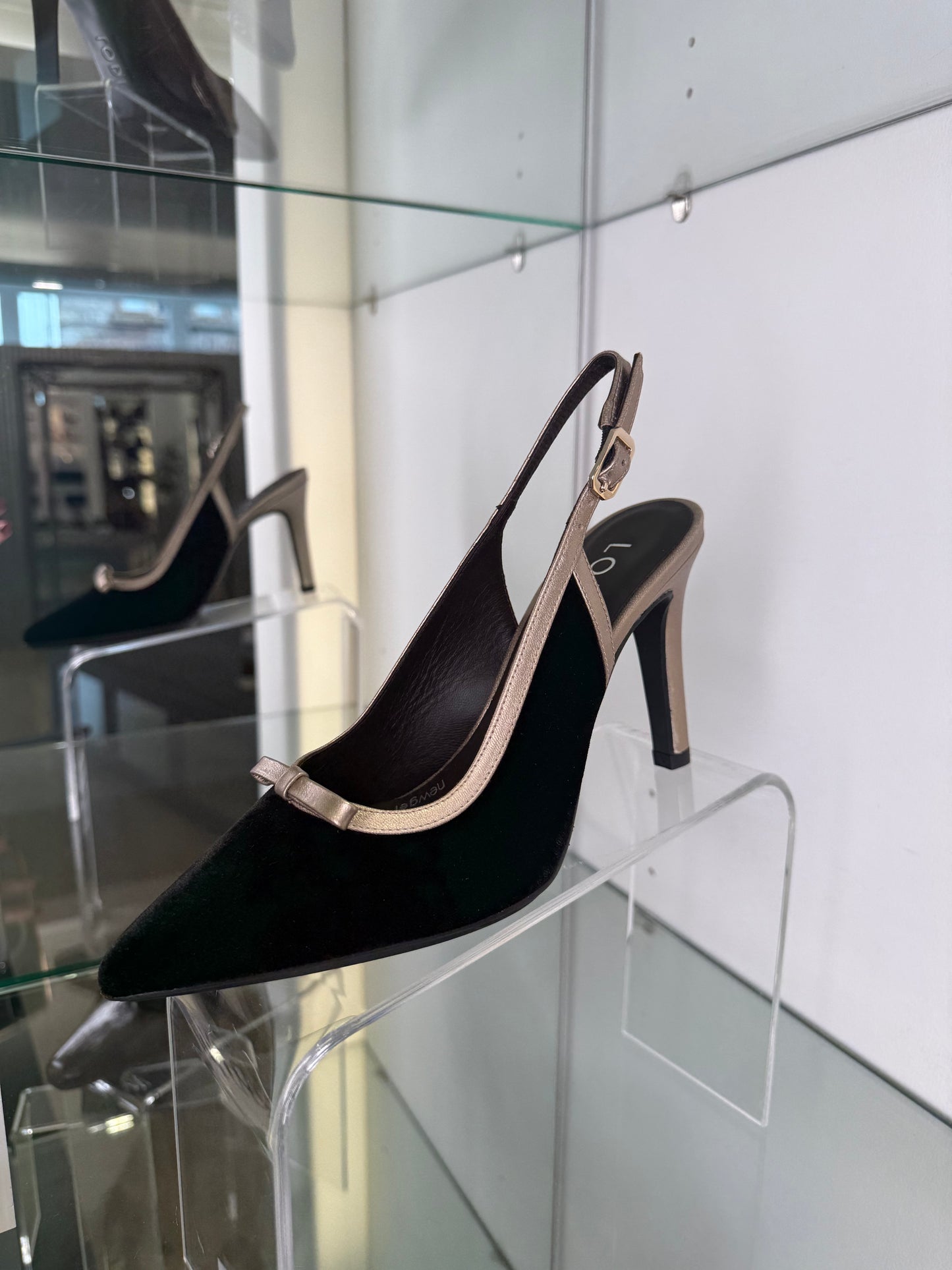Lodi - Black Velvet Point Toe Slingback Shoe With Bronze Trim